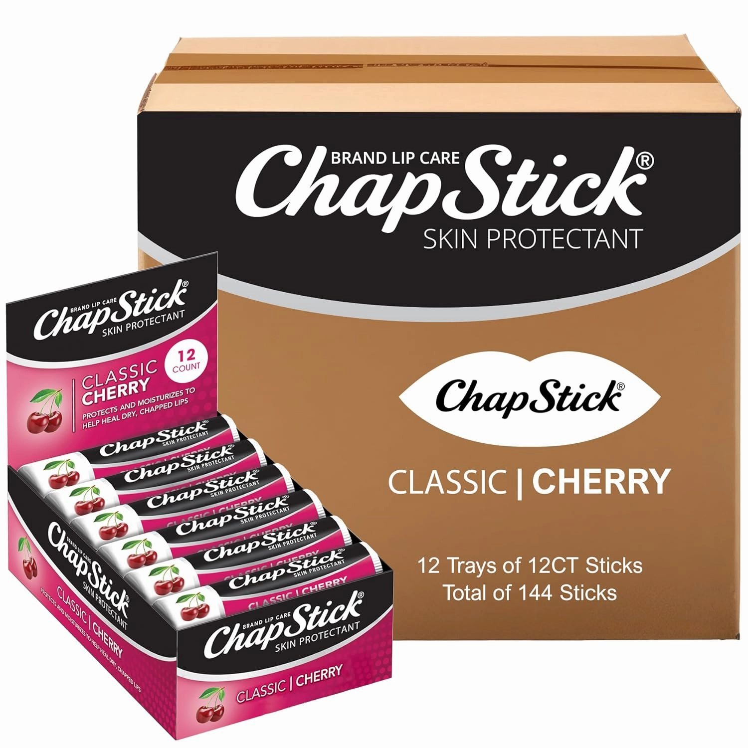 ChapStick Bulk Lip Balm, Classic Cherry 144-Count – Lip Moisturizer for Dry Lips, 0.15 Oz Ea