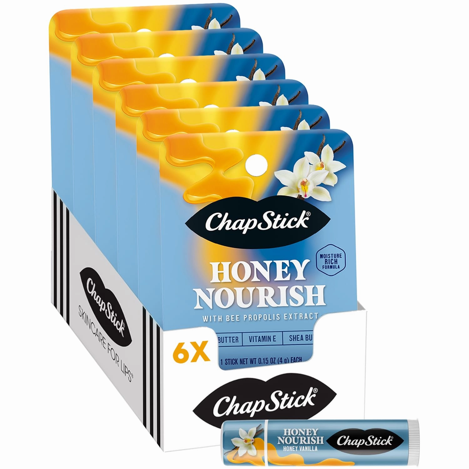 ChapStick Lip Balm, Honey Vanilla 6-Pack – Honey Nourish Moisture-Rich Formula with Bee Propolis Extract, 0.15 Oz Ea