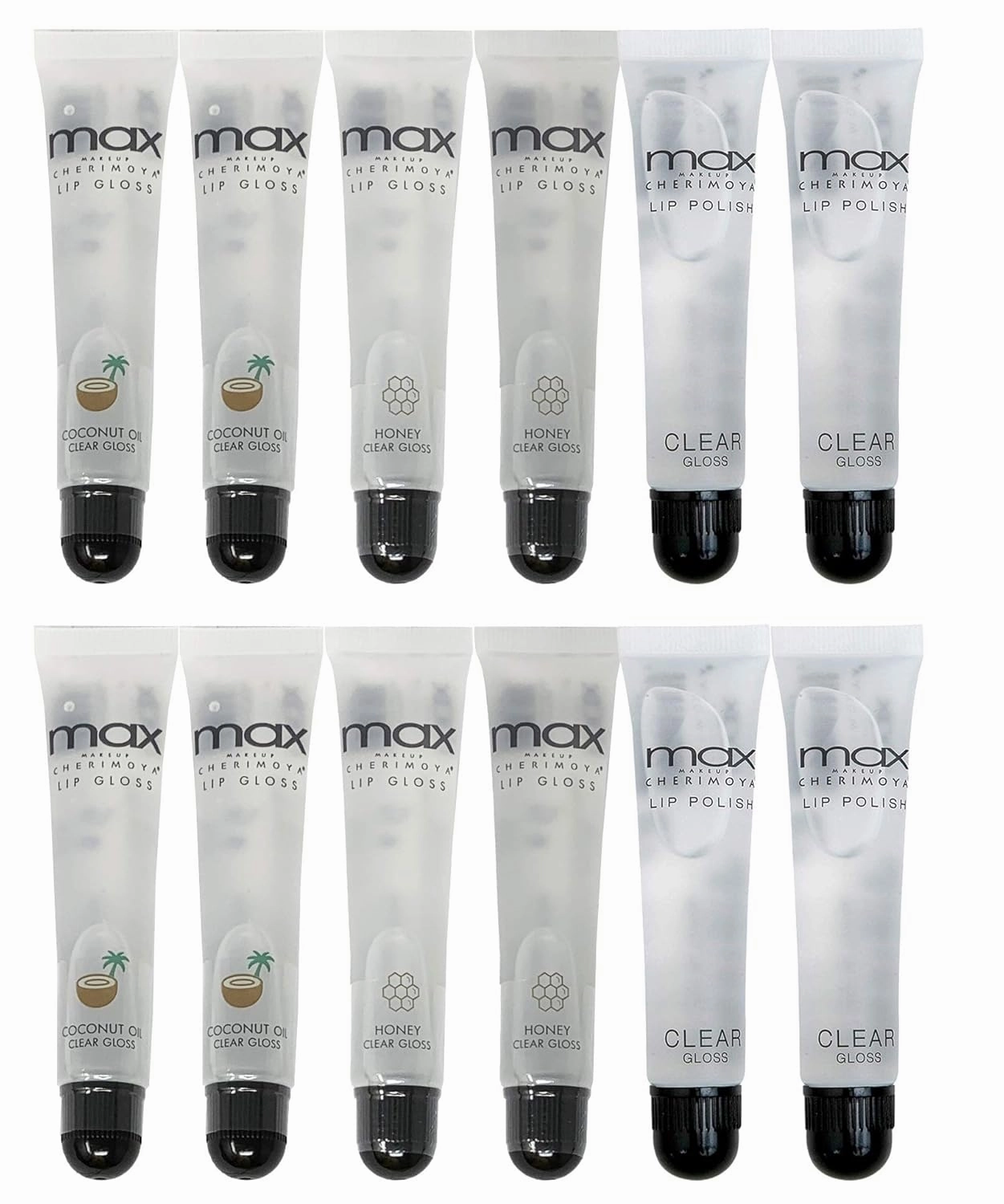Cherimoya (12Pack) MAX Makeup Lip Polish Coconut Oil Clear Gloss (4Original 4Coconut 4Honey)
