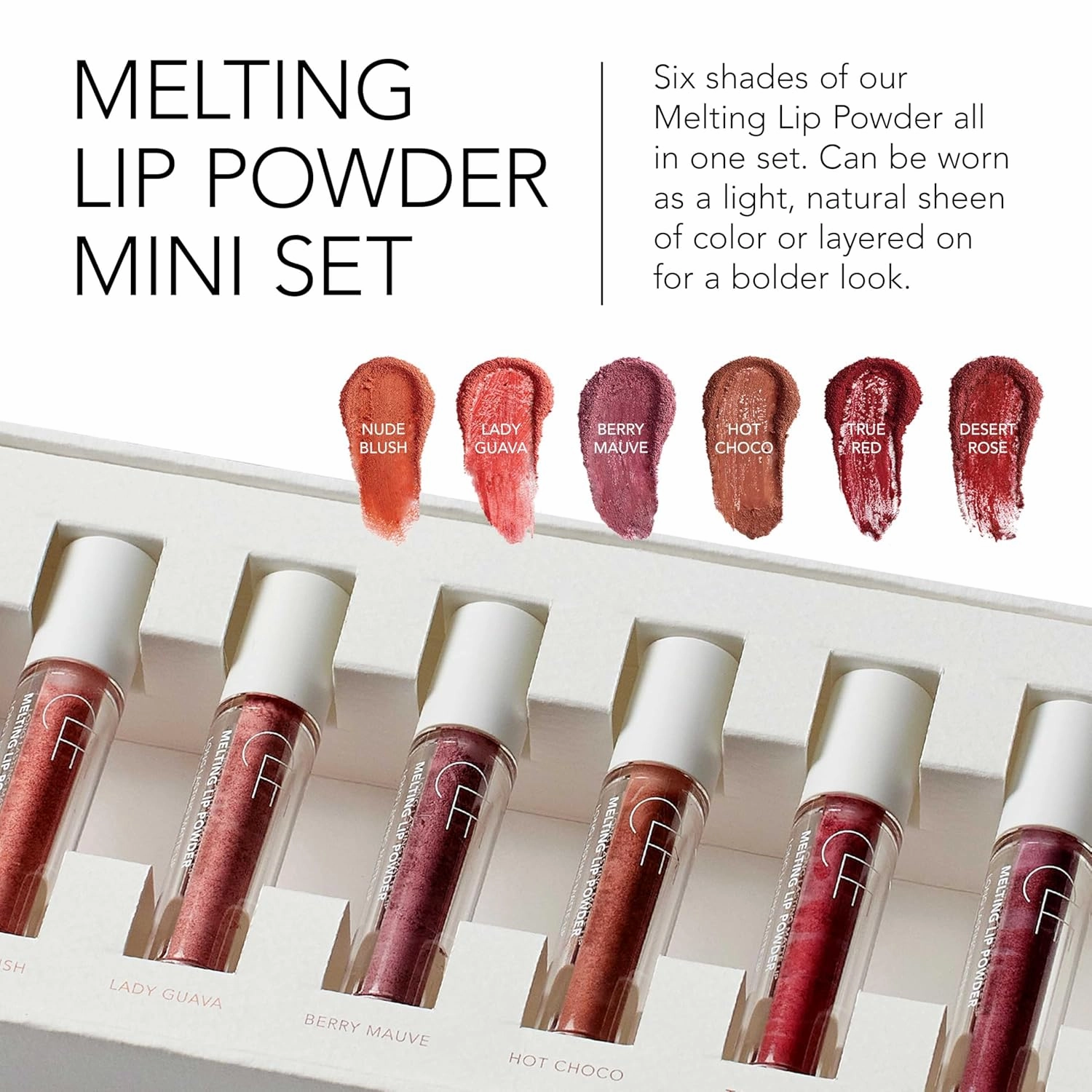 CLE Cosmetics Melting Lip Powder Mini Set of 6 - Lip Tint (Vegan, Cruelty Free, Paraben-Free) with Long-Lasting, Weightless Lip Stain, Usable on Lips, Eyes and Cheeks, Matte Finish, Travel Size