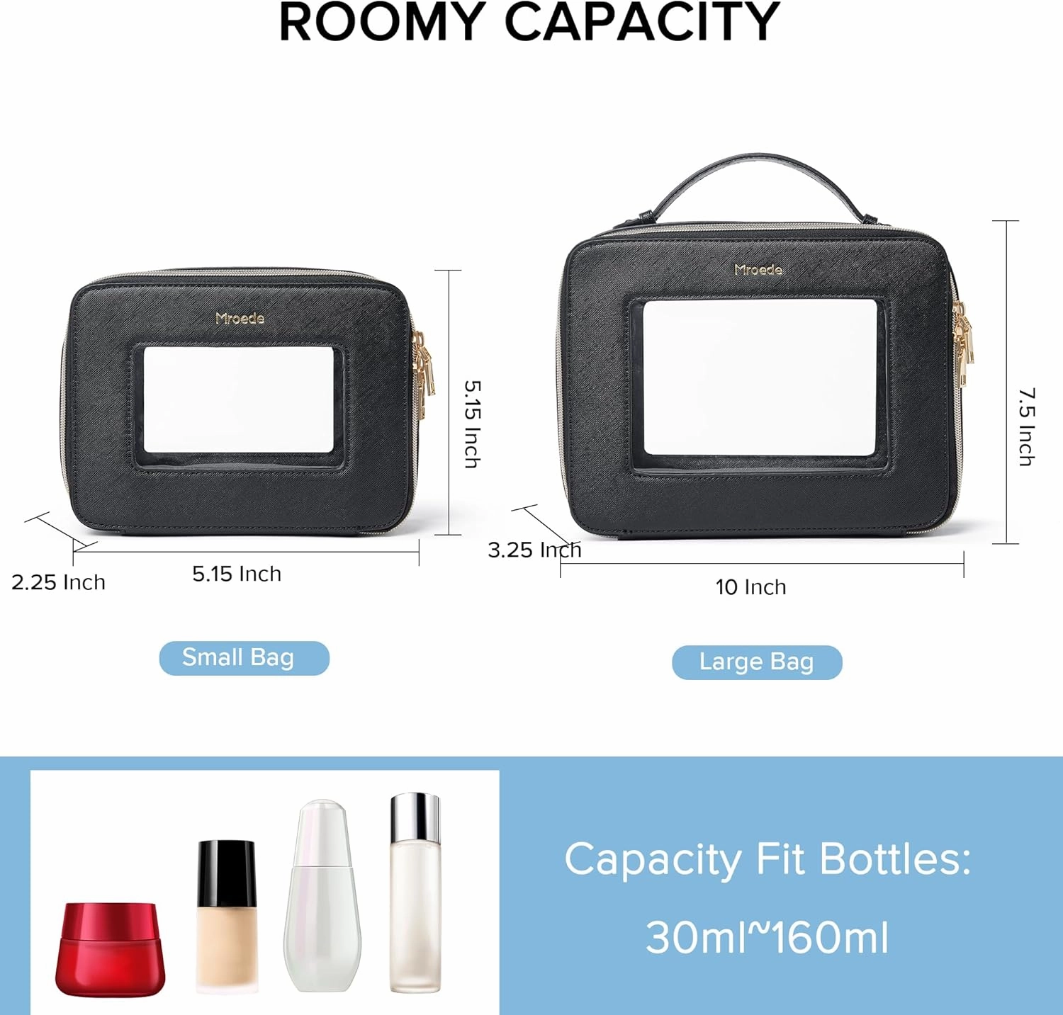 Clear Makeup Bag Set 2 Pcs Travel Cosmetic Bag Portable Clear Makeup Bags with zipper Multipurpose Toiletry Bag Transparent Make Up Bag Organizer for Women Traveling Car Essentials,Black