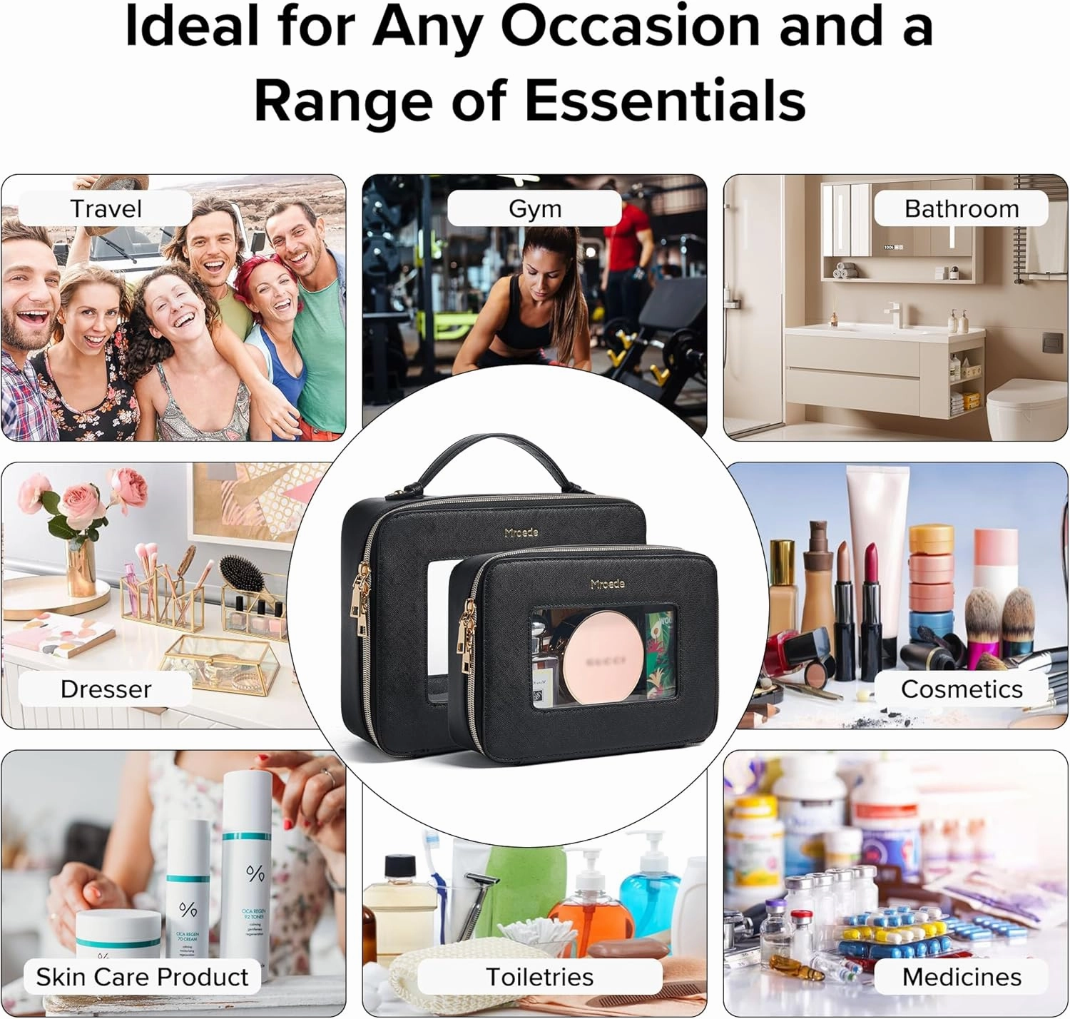 Clear Makeup Bag Set 2 Pcs Travel Cosmetic Bag Portable Clear Makeup Bags with zipper Multipurpose Toiletry Bag Transparent Make Up Bag Organizer for Women Traveling Car Essentials,Black
