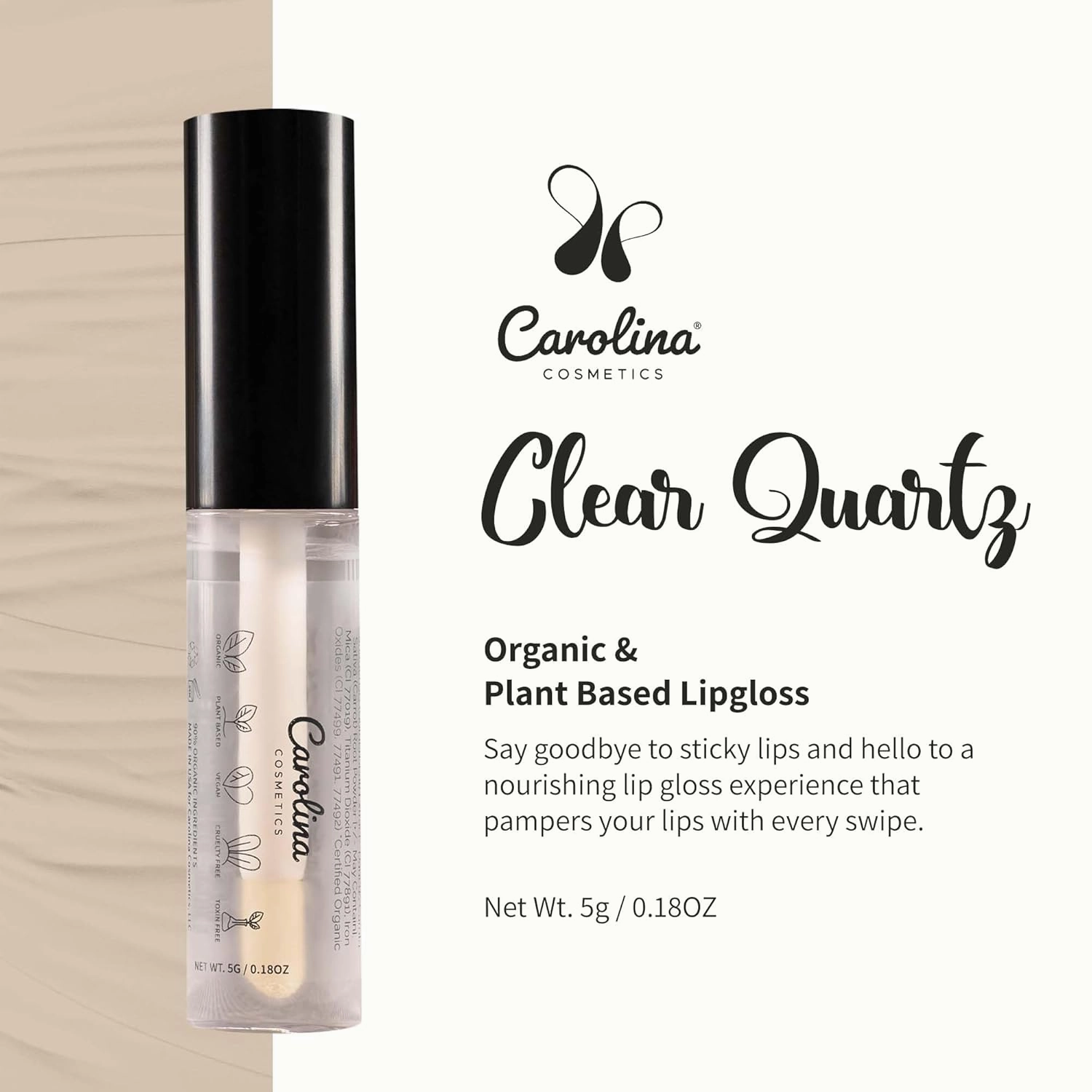 Clear Quartz Lip Gloss with Sunflower Seed Oil - Hydrating, Vegan, Non-Sticky - With Cacao & Grape Seed Oils - 5g/0.18oz