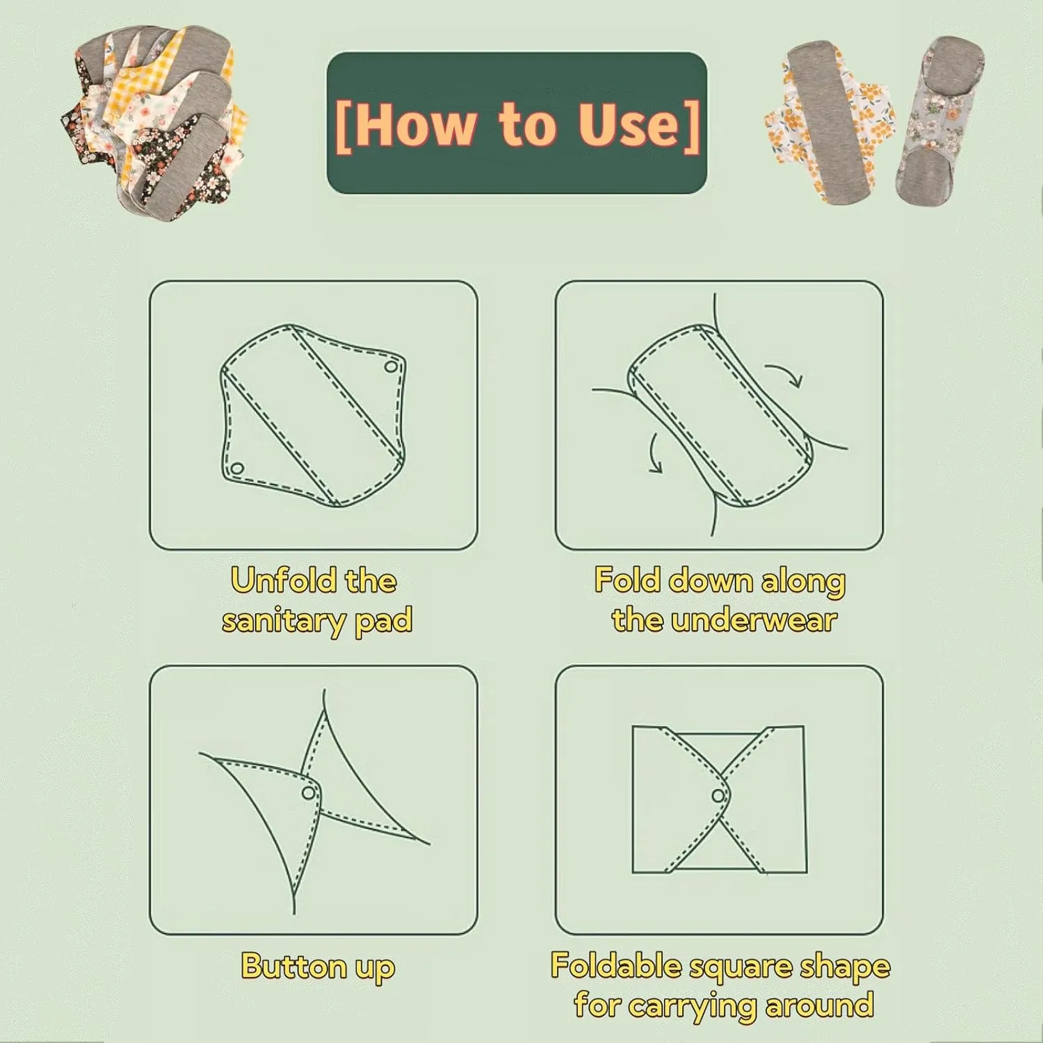 Cloth Panty Liners,Washable Sanitary pad with Wings,Reusable Washable Menstrual Pads,7pcs/Set,Pack of 6 1 Storage Bag,Suitable for Menstrual Period,Incontinence