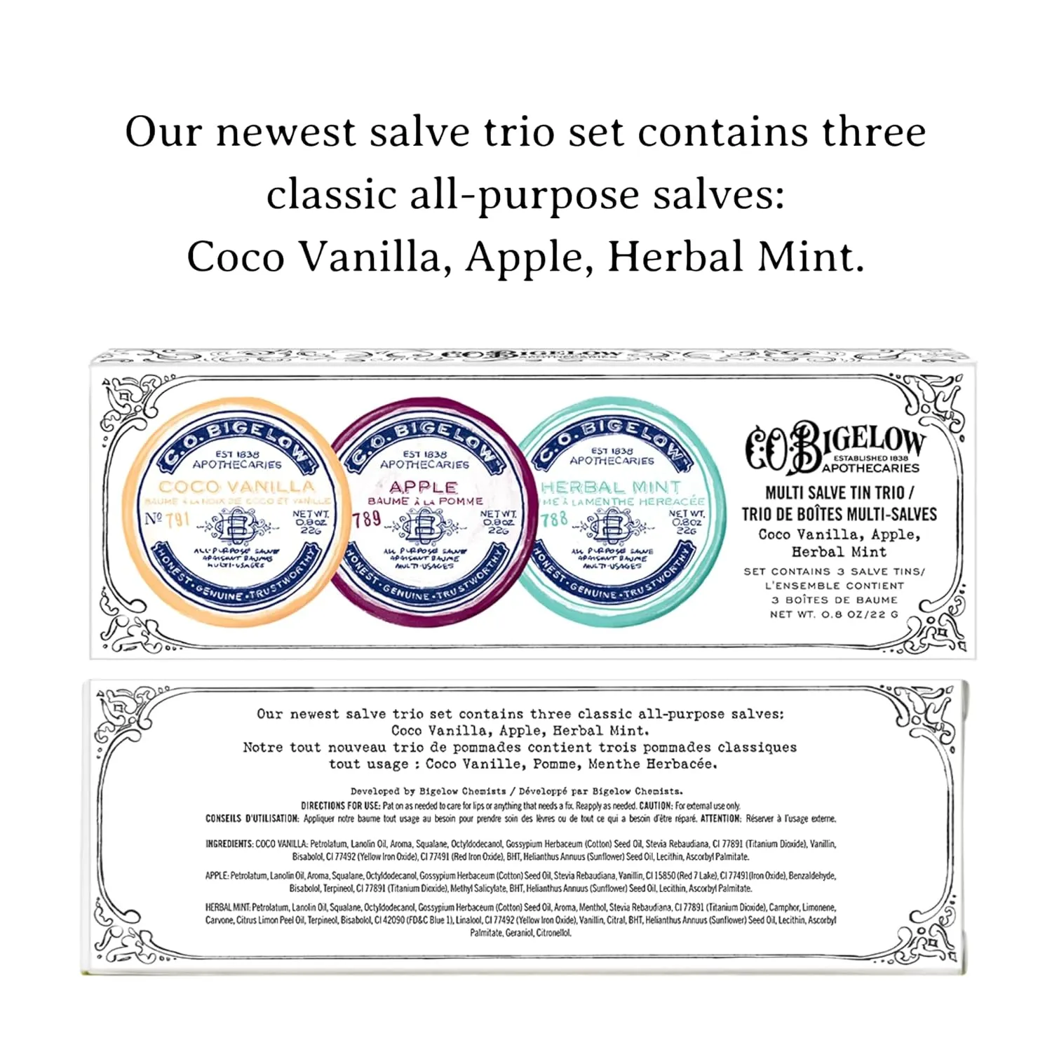 C.O. Bigelow All Purpose Salves, Variety Pack of 3 Lip Balm Tins for Chapped Lips & Dry Skin, Coco Vanilla, Apple, Herbal Mint Moisturizing Lip and Skin Salves, 0.8 oz each