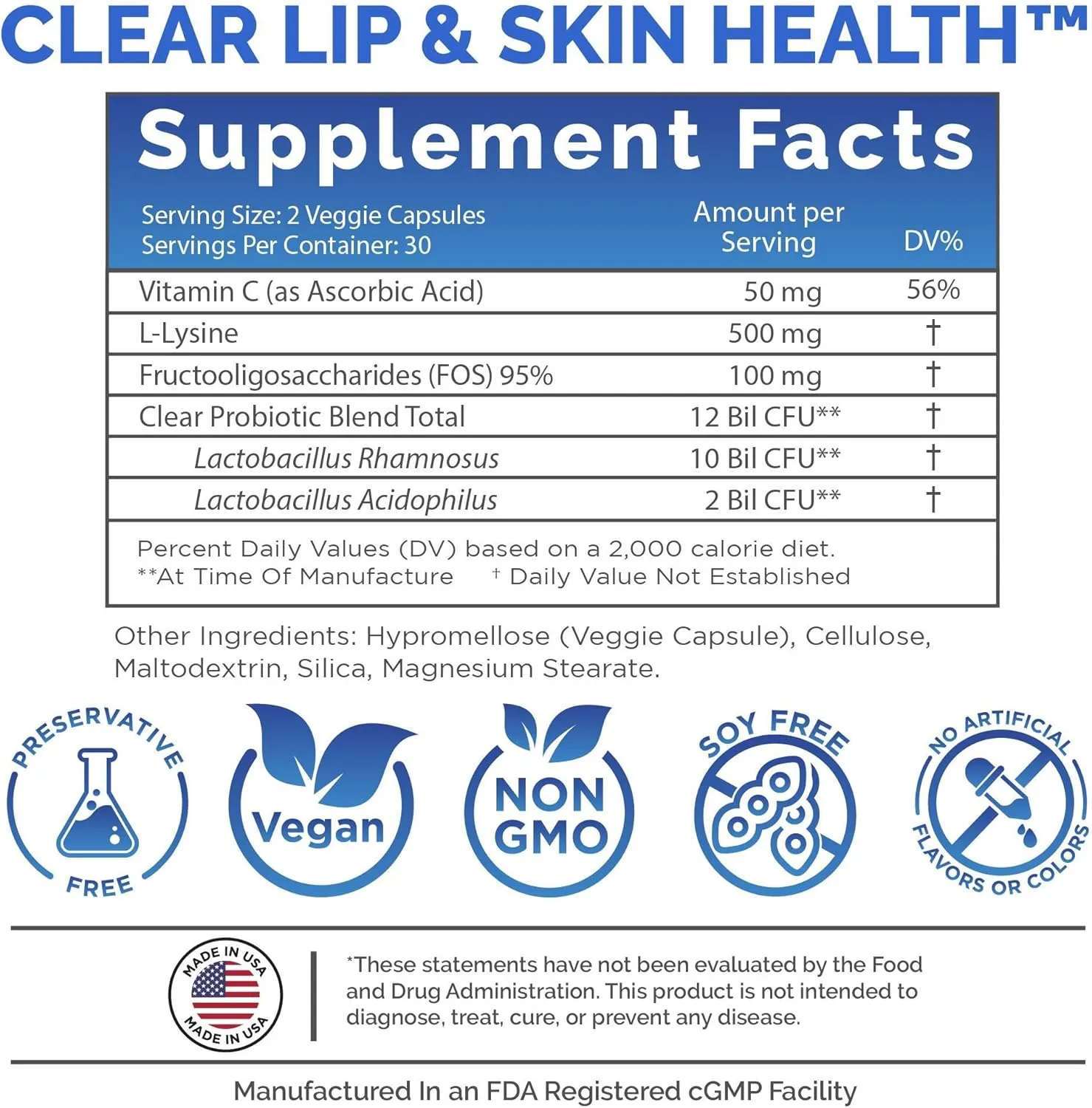 Cold Sore Treatment for Lips - Lysine Supercharged with Acidophilus Probiotic & Lactobacillus Rhamnosus   Vitamin C for Lip and Skin Health - Immune Support for Effective Prevention and Clear Skin