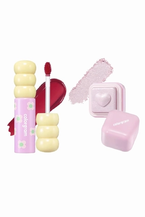 COLORGRAM Fruity Glass Tint 08 Lovely Raspberry   Milk Bling Heartlighter 02 Pink Heart | Highly Pigmented Glossy Dewy Lip Gloss and Silky Smooth Versatile Creamy Highlighter with Shimmery Finish for
