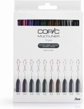Copic 22075620 Multiliner Set Color, Assorted Line Width 0.3 mm, Drawing Pens with Water and Alcohol Resistant Pigment Ink, for Sketching, Illustrations and Outlines, 10 Colours, Pack of 10