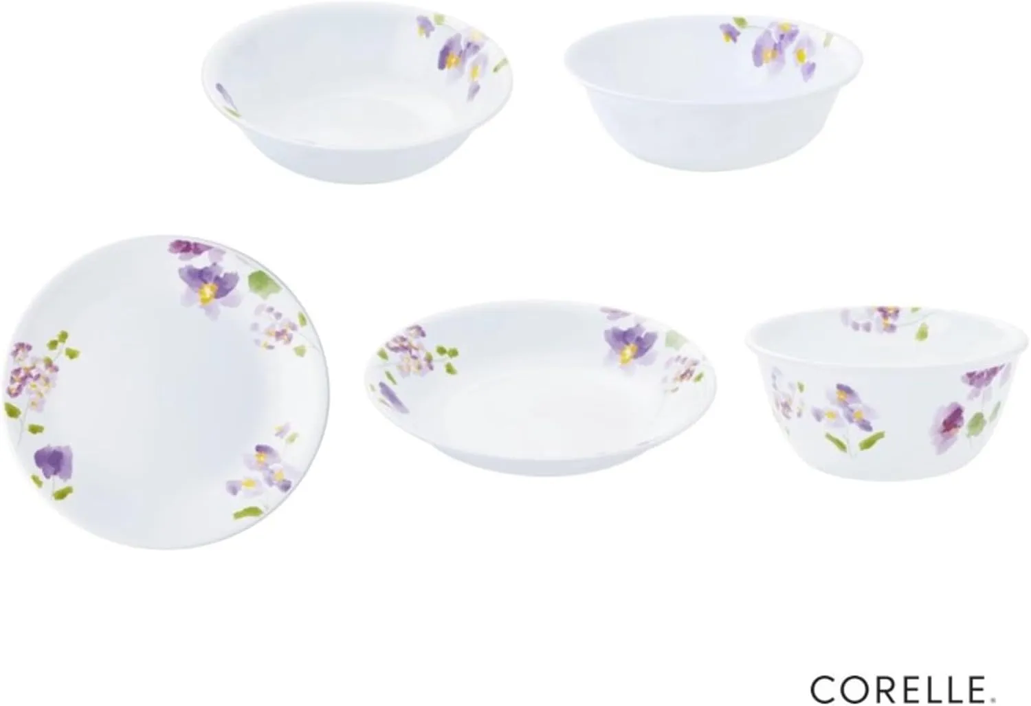 Corelle CP-8941 5-Piece Set, Medium Plate, Deep Plate, Small Bowl, Various Bowl, Break-Resistant, Lightweight, Microwave Safe, Oven Safe, Dishwasher Safe, Daily, Violet Mist
