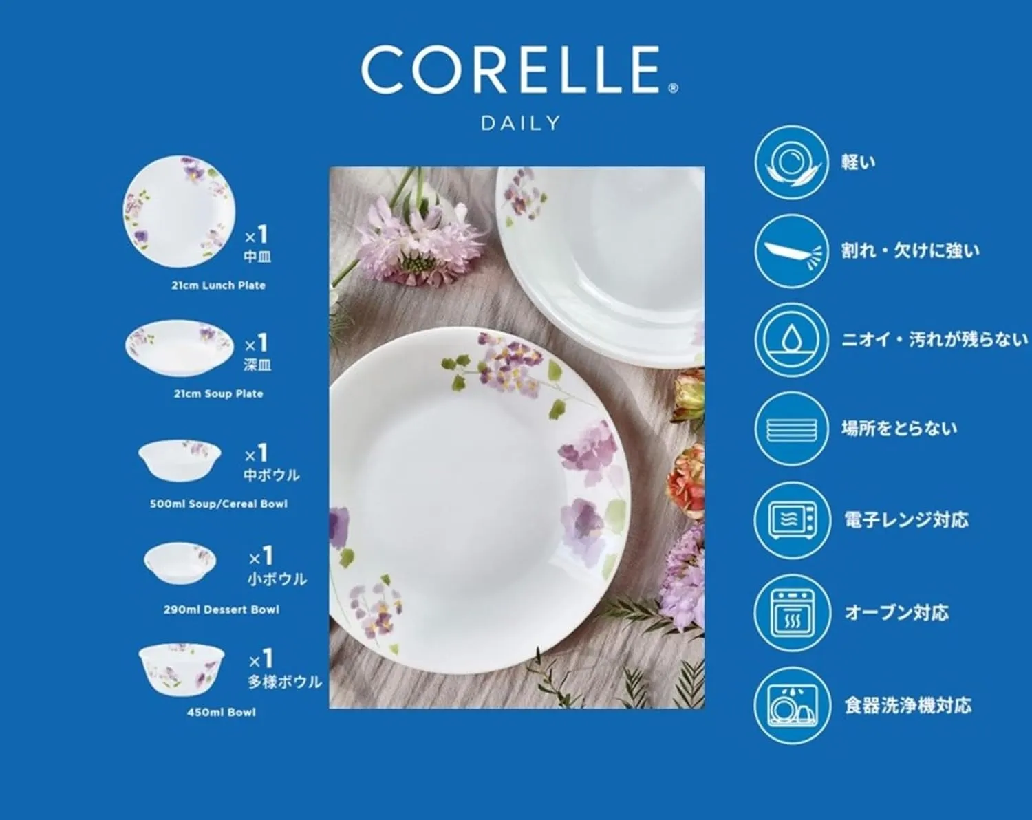 Corelle CP-8941 5-Piece Set, Medium Plate, Deep Plate, Small Bowl, Various Bowl, Break-Resistant, Lightweight, Microwave Safe, Oven Safe, Dishwasher Safe, Daily, Violet Mist