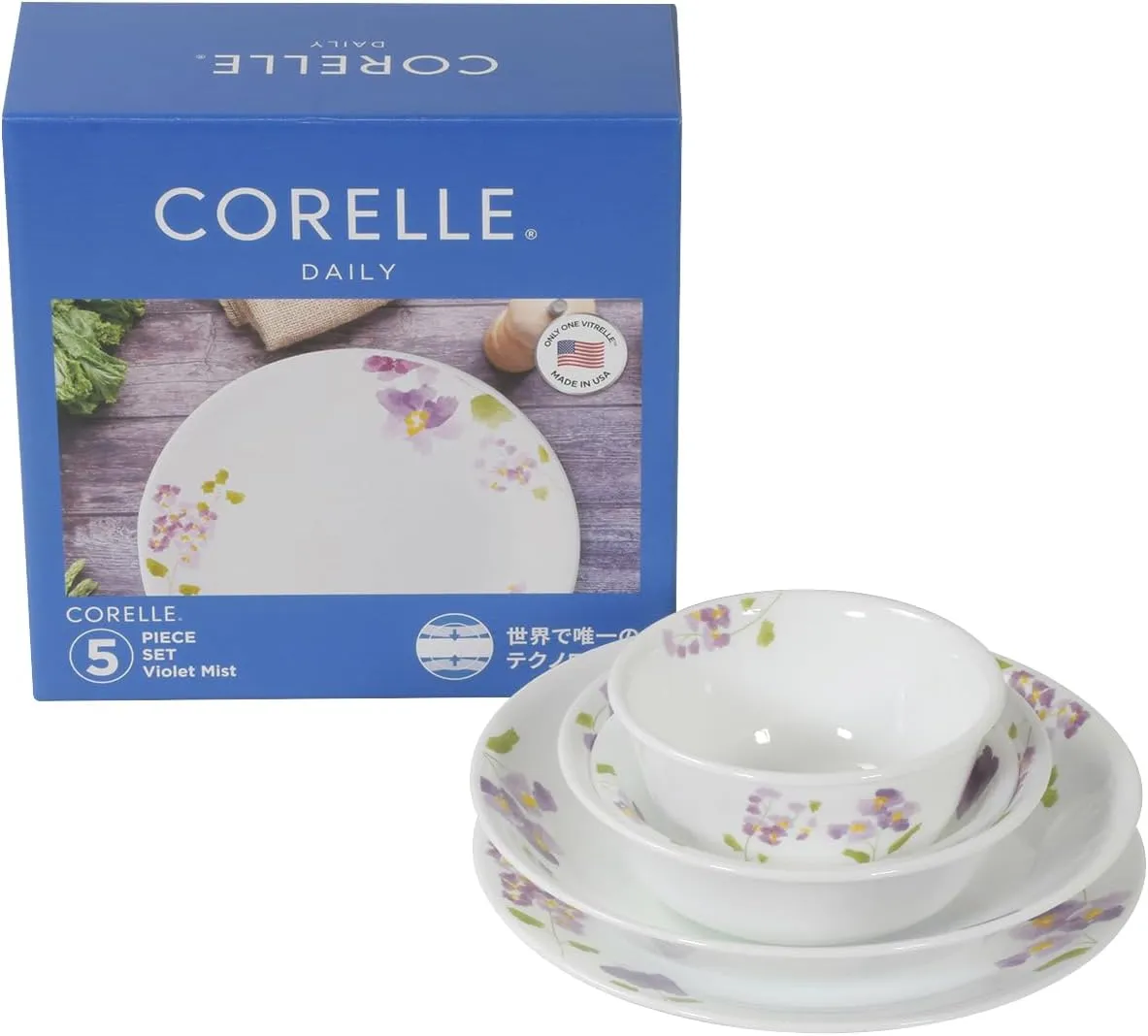 Corelle CP-8941 5-Piece Set, Medium Plate, Deep Plate, Small Bowl, Various Bowl, Break-Resistant, Lightweight, Microwave Safe, Oven Safe, Dishwasher Safe, Daily, Violet Mist