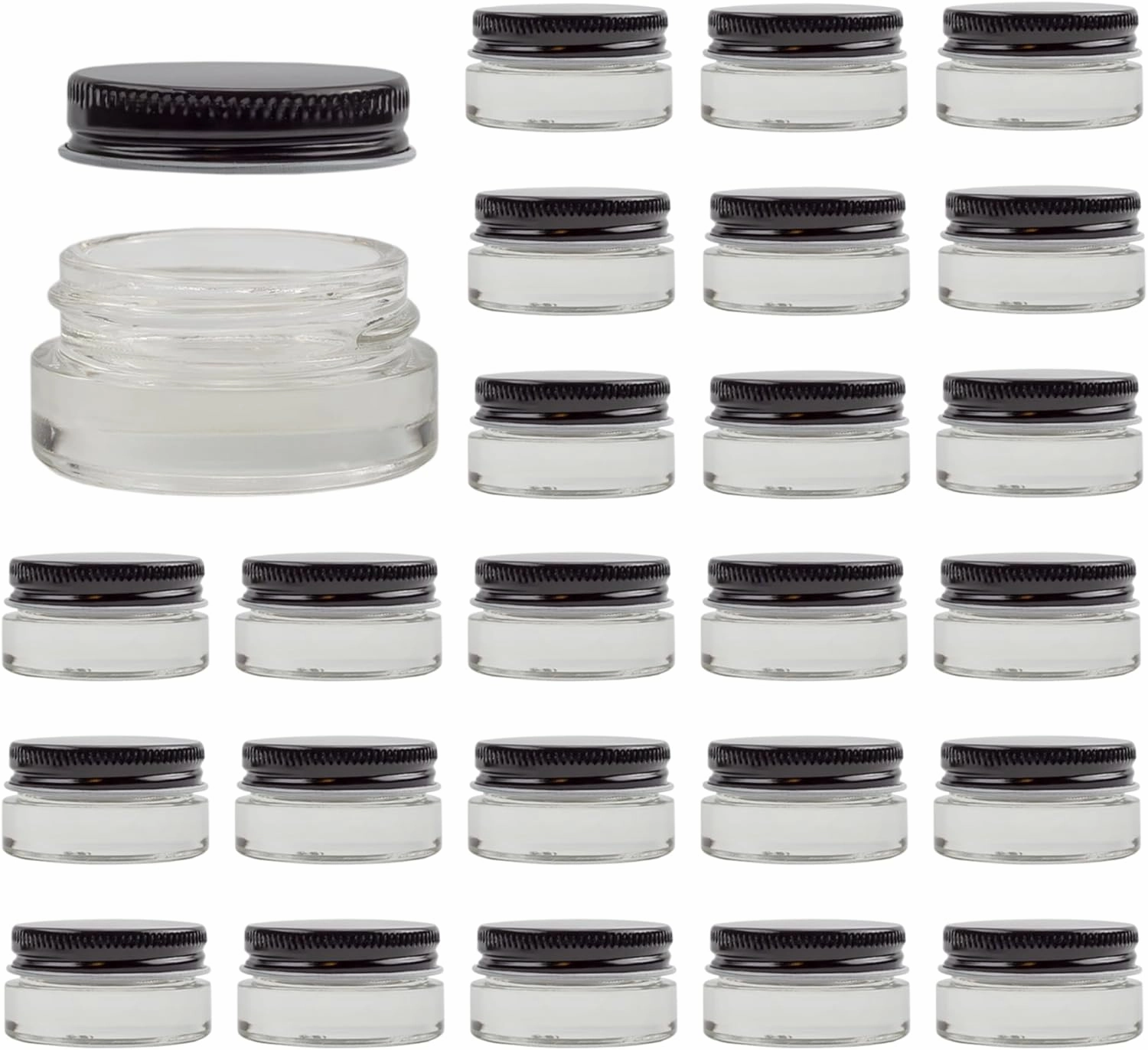 Cornucopia Brands 7-Milliliter Glass Lip Balm Jars (24-Pack).25-Ounce Thick-Walled Containers (7ml Clear with Black Metal Lids)