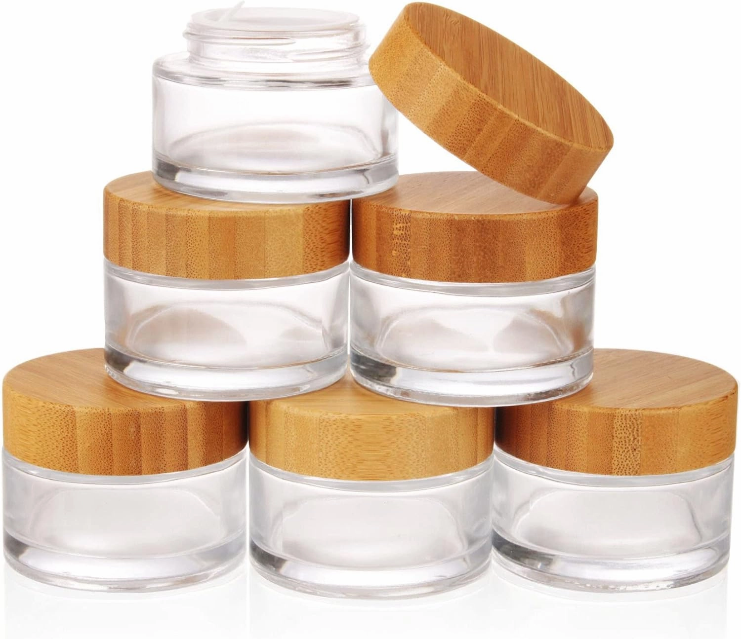 COSIDEA 6pcs Empty 1.7 OZ/50g Round Clear Glass Jars with Bamboo lids, Bamboo Cream Jar Refillable Cosmetic Travel Containers for Lip Balm, Ointments, Lotion Packing