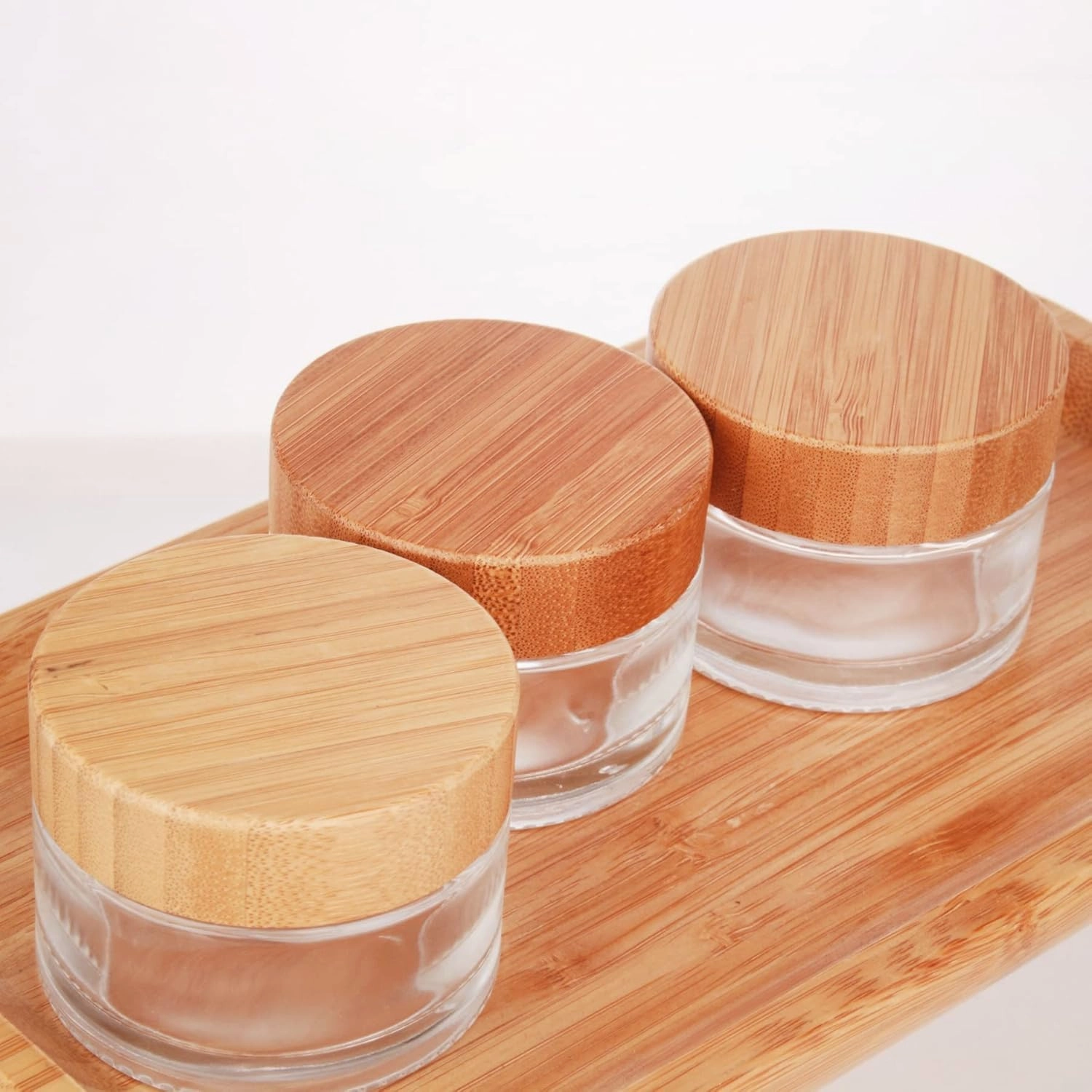 COSIDEA 6pcs Empty 1.7 OZ/50g Round Clear Glass Jars with Bamboo lids, Bamboo Cream Jar Refillable Cosmetic Travel Containers for Lip Balm, Ointments, Lotion Packing