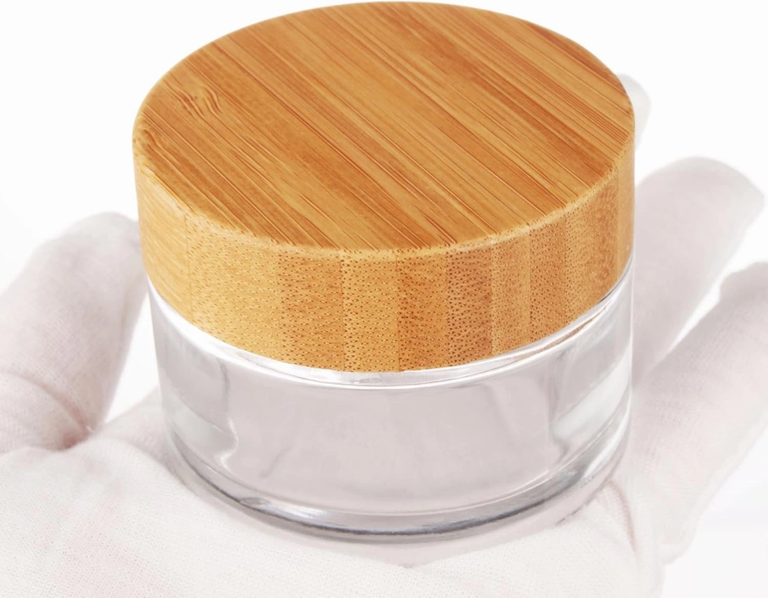 COSIDEA 6pcs Empty 1.7 OZ/50g Round Clear Glass Jars with Bamboo lids, Bamboo Cream Jar Refillable Cosmetic Travel Containers for Lip Balm, Ointments, Lotion Packing