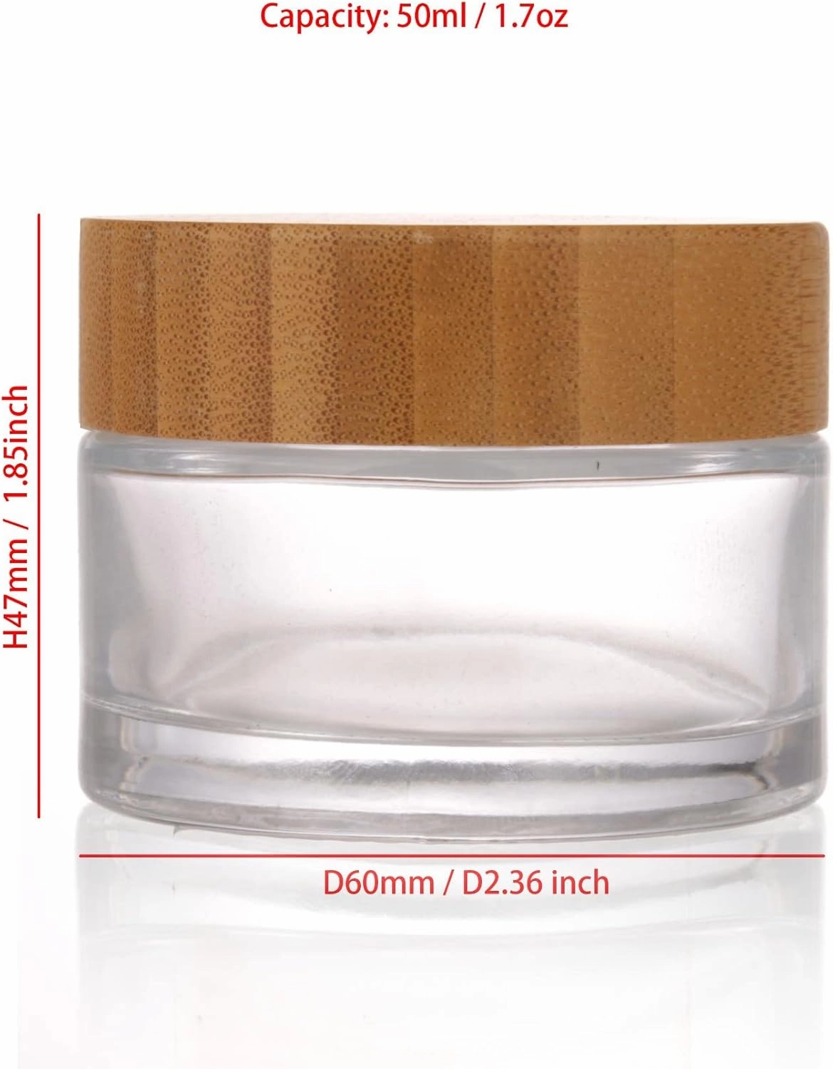 COSIDEA 6pcs Empty 1.7 OZ/50g Round Clear Glass Jars with Bamboo lids, Bamboo Cream Jar Refillable Cosmetic Travel Containers for Lip Balm, Ointments, Lotion Packing