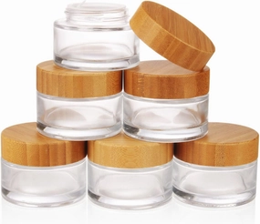 COSIDEA 6pcs Empty 1.7 OZ/50g Round Clear Glass Jars with Bamboo lids, Bamboo Cream Jar Refillable Cosmetic Travel Containers for Lip Balm, Ointments, Lotion Packing