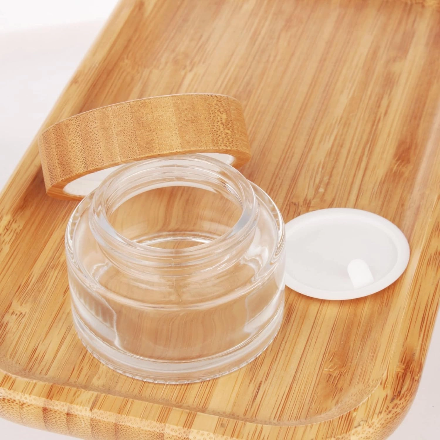 COSIDEA 6pcs Empty 1.7 OZ/50g Round Clear Glass Jars with Bamboo lids, Bamboo Cream Jar Refillable Cosmetic Travel Containers for Lip Balm, Ointments, Lotion Packing