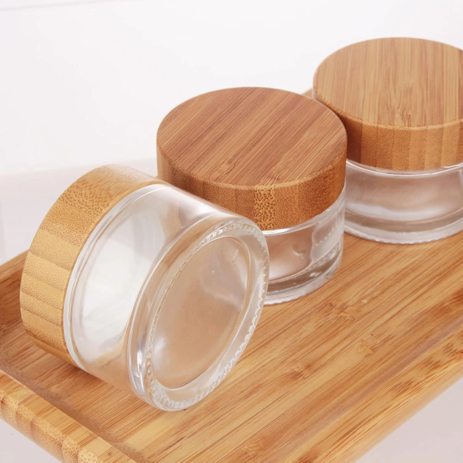 COSIDEA 6pcs Empty 1.7 OZ/50g Round Clear Glass Jars with Bamboo lids, Bamboo Cream Jar Refillable Cosmetic Travel Containers for Lip Balm, Ointments, Lotion Packing