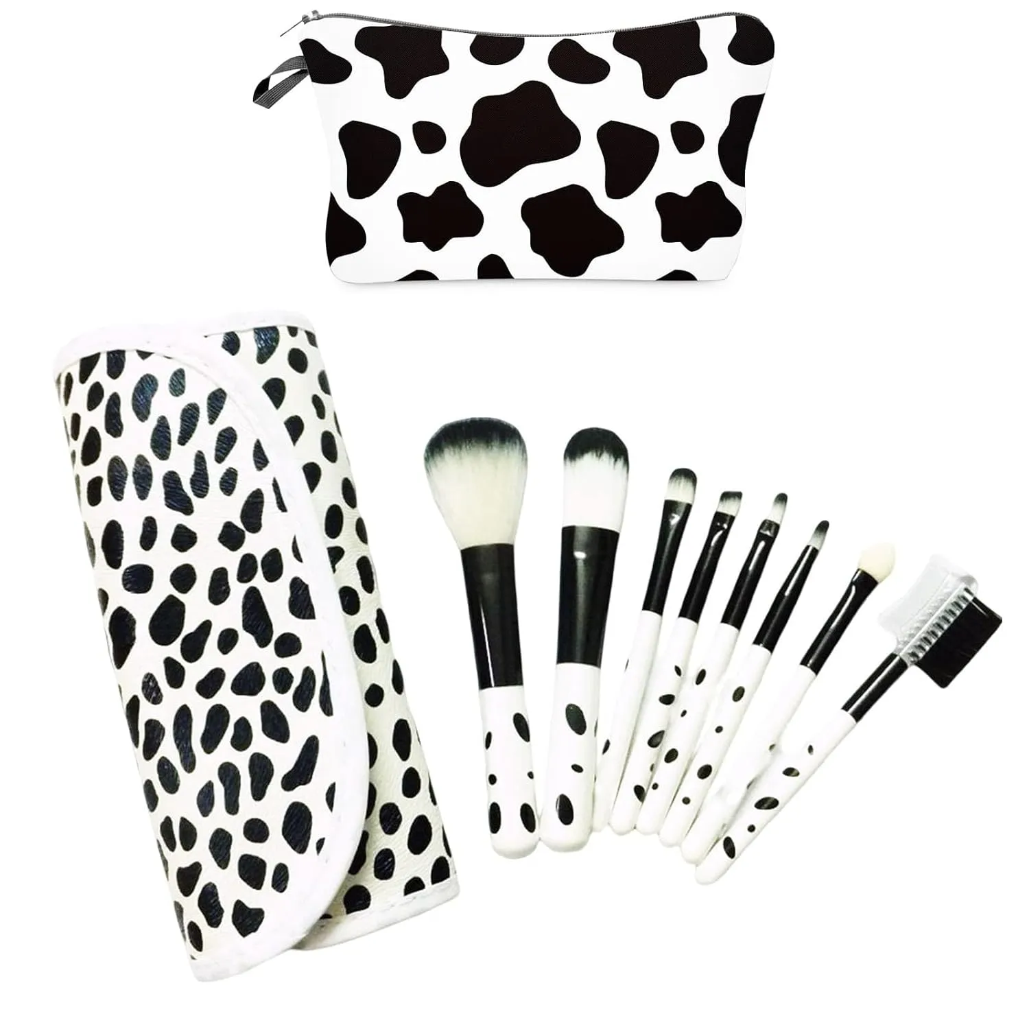 Cow Print Makeup Brushes, Cow Makeup Brush, 8Pcs Waterproof Travel Makeup Brush Organizer Case Covers (Cow)