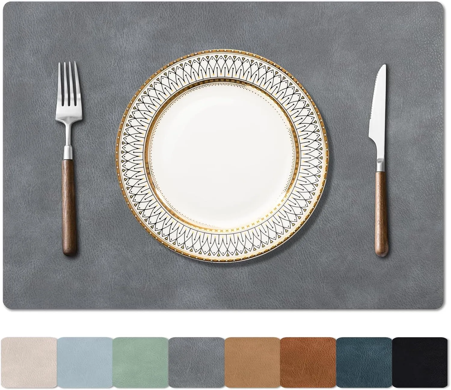 Cowhide Pattern Placemats Set of 6, Faux Leather Place Mats Heat Resistant Non-Slip Waterproof Wipeable Kitchen Dining Reversible Table Mat for Indoor & Outdoor,Grey