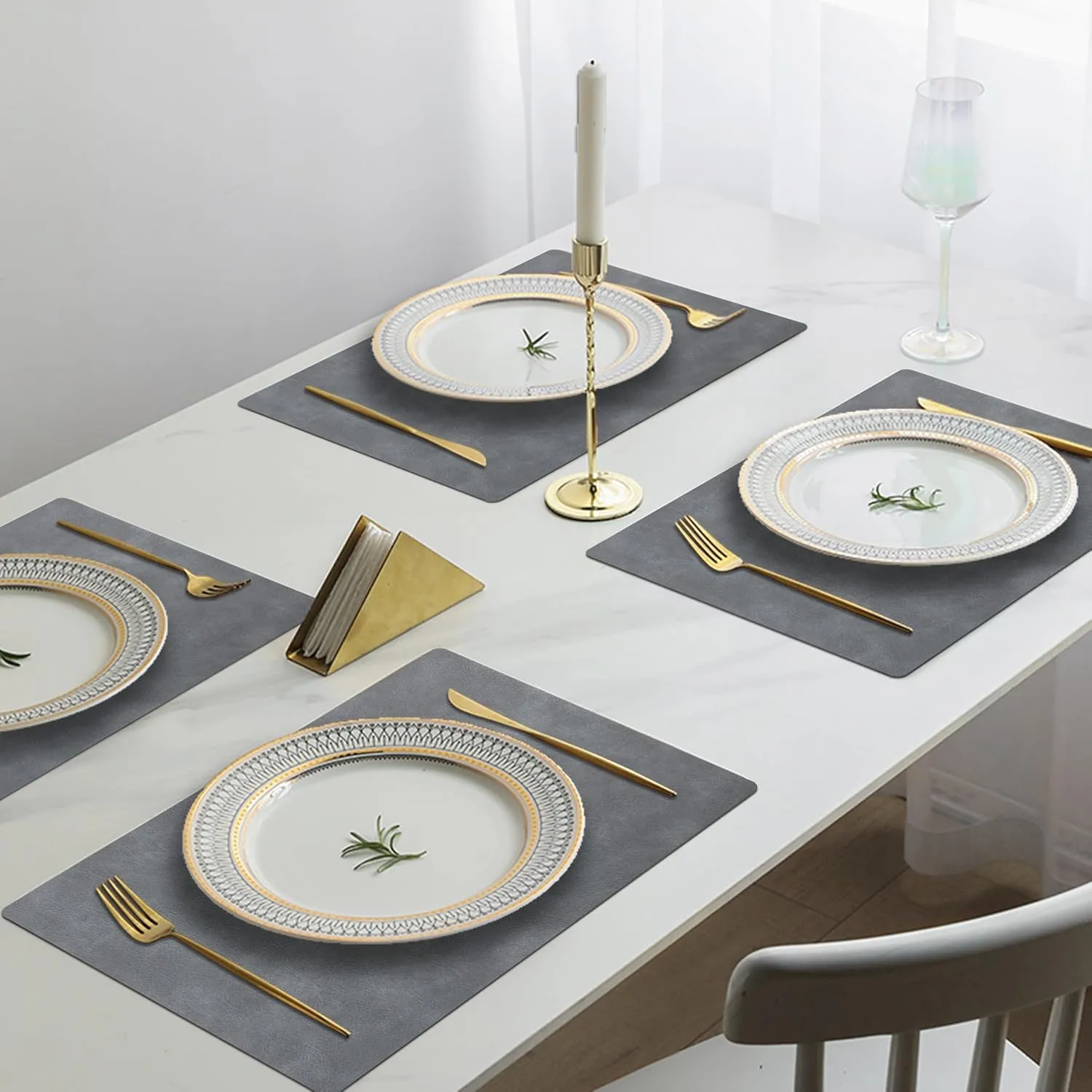 Cowhide Pattern Placemats Set of 6, Faux Leather Place Mats Heat Resistant Non-Slip Waterproof Wipeable Kitchen Dining Reversible Table Mat for Indoor & Outdoor,Grey