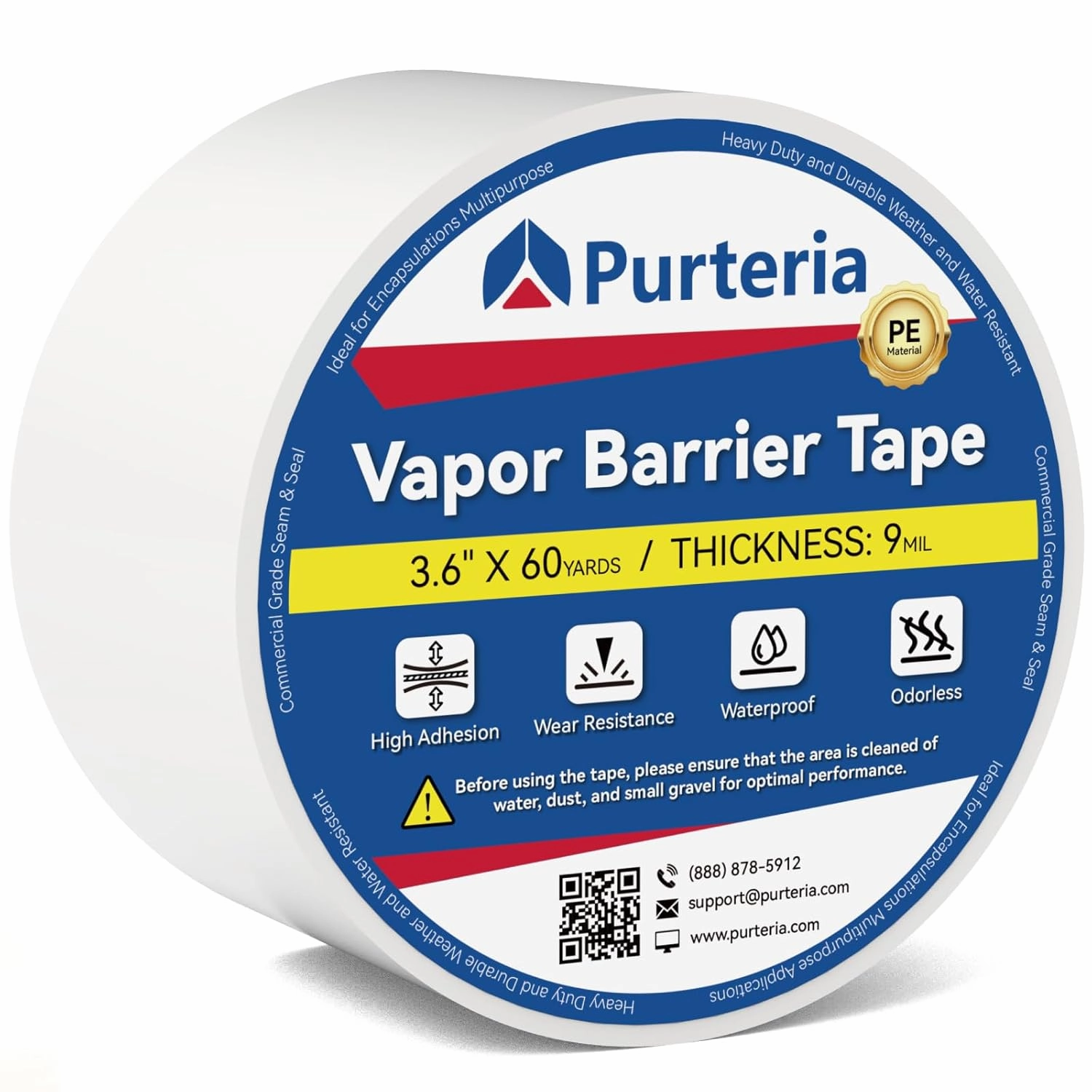 Crawl Space Vapor Barrier Tape with Release Liner, 9 Mil Easy-to-Use Vapor Barrier Seam Tape for Crawlspace, Repair, Underlayment, Waterproof, 3.6" x 180' 1 Roll