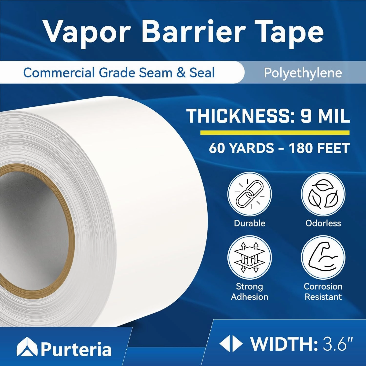 Crawl Space Vapor Barrier Tape with Release Liner, 9 Mil Easy-to-Use Vapor Barrier Seam Tape for Crawlspace, Repair, Underlayment, Waterproof, 3.6" x 180' 1 Roll