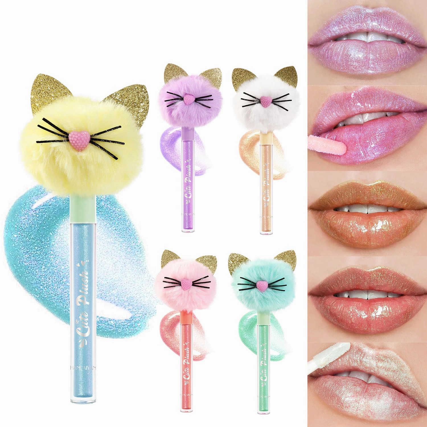 Cute Lip Gloss for Kids, 5PCS Glitter Girls Lip Gloss Set with Shape of Cat Head, Assorted Flavors Hydrating Lip Balm Party Favor Make-up for Girls and Teens
