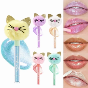 Cute Lip Gloss for Kids, 5PCS Glitter Girls Lip Gloss Set with Shape of Cat Head, Assorted Flavors Hydrating Lip Balm Party Favor Make-up for Girls and Teens
