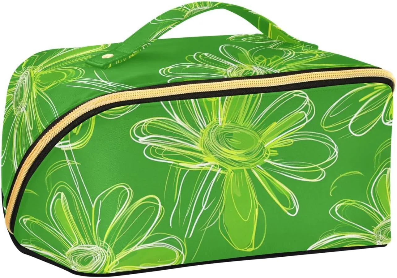 Daisy Neon Green Abstract Handdrawn Makeup Bag with dividers Large Large Capacity Travel Cosmetic Bag with Compartments & Handle