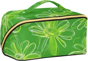 Daisy Neon Green Abstract Handdrawn Makeup Bag with dividers Large Large Capacity Travel Cosmetic Bag with Compartments & Handle