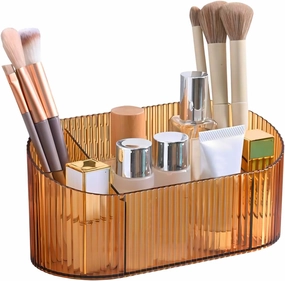 DASITON Capacity Makeup Brush Holder,5 Slot Makeup Brush Holder,Vintage striped Make Up Brush Holder,for Vanity Decor,Bathroom Countertops,Desk Storage Container,Cosmetic Display cases(Yelow)