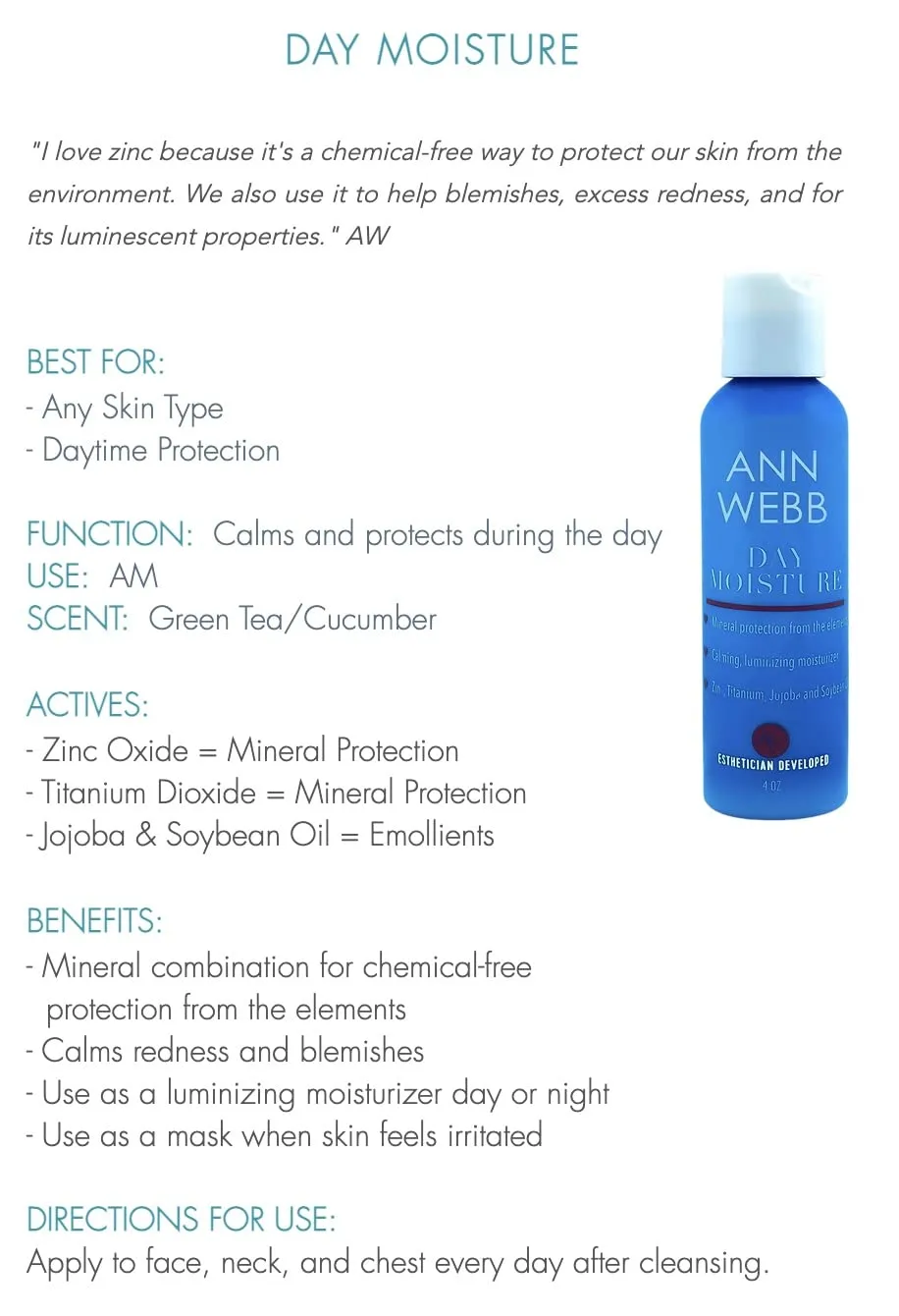 Day Moisture Lotion - All Natural, Chemical free Daily Moisture Cream w/Zinc calms & protects from sun. Minimize Redness & Blemishes. Luminize your complexion. (16oz)