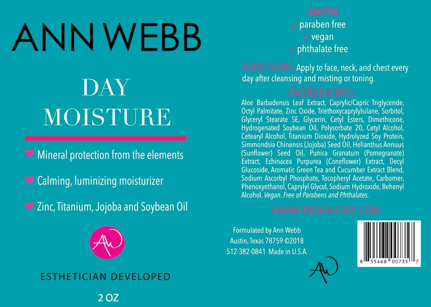 Day Moisture Lotion - All Natural, Chemical free Daily Moisture Cream w/Zinc calms & protects from sun. Minimize Redness & Blemishes. Luminize your complexion. (16oz)
