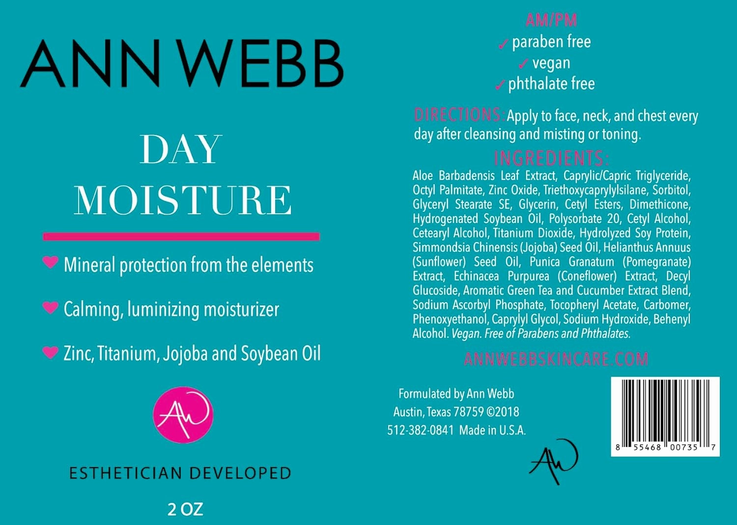 Day Moisture Lotion - All Natural, Chemical free Daily Moisture Cream w/Zinc calms & protects from sun. Minimize Redness & Blemishes. Luminize your complexion.4oz