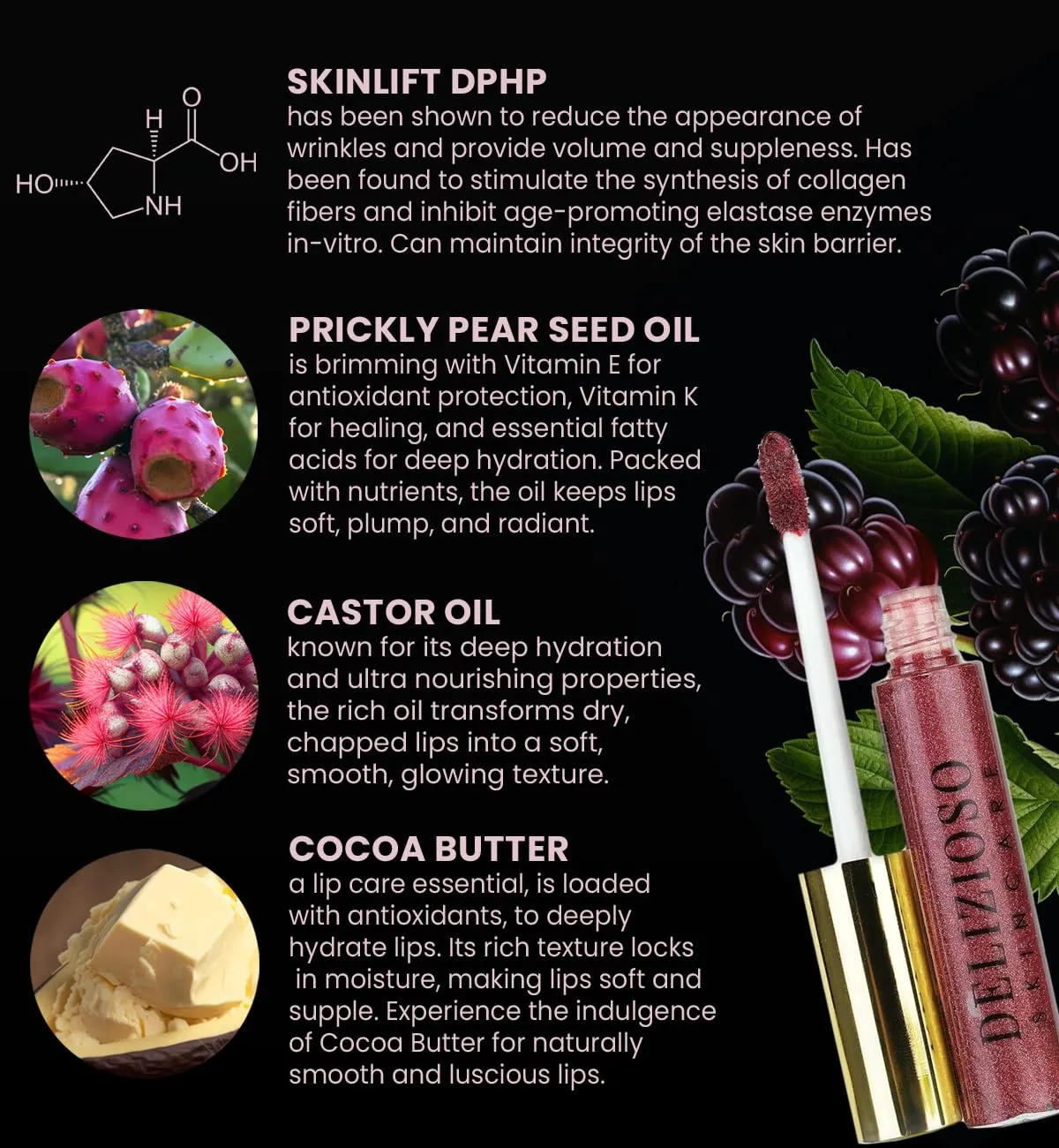 Delizioso Skincare Supple Glow Lip Gloss - 100% Natural & Vegan Ultra Moisturizing Tint for Soft Lips - Handmade (Blackberry)