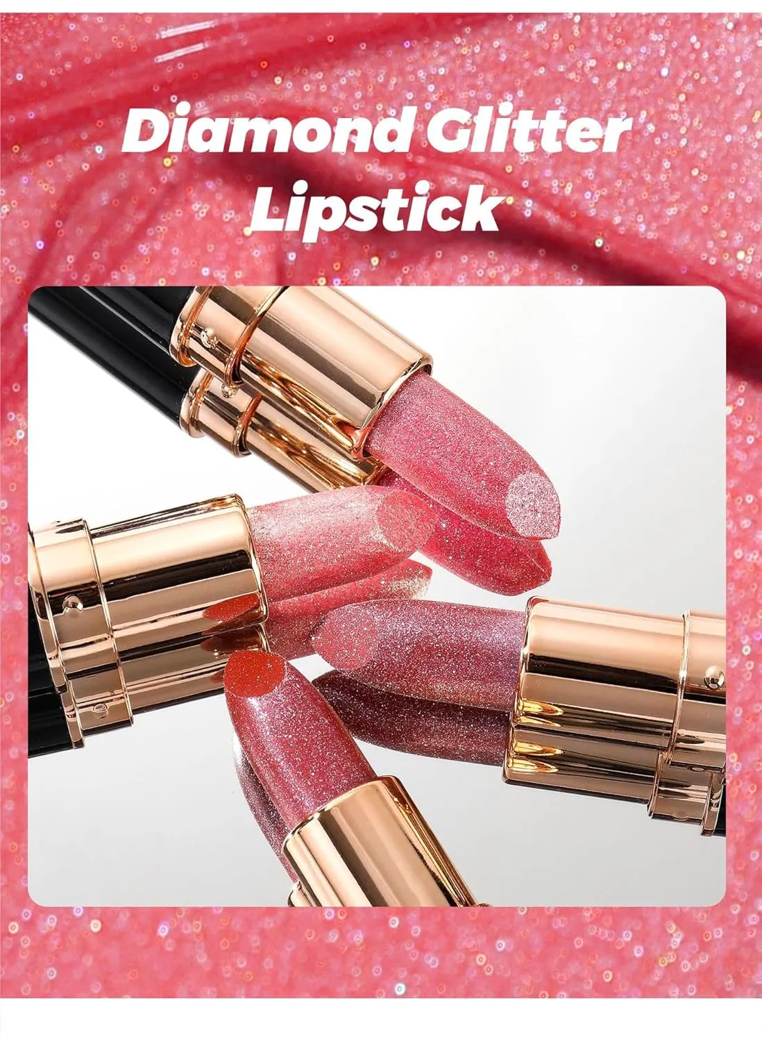 Diamond Lip Gloss Glitter Lipstick Waterproof, 6 Colors Diamond Glitter Lipstick, Long Lasting Smudge Proof Glitter Lip Gloss for Women Girls, Shiny Matte, Non-sticky (6 Colors, 3.5g/pcs)
