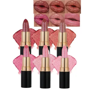 Diamond Lip Gloss Glitter Lipstick Waterproof, 6 Colors Diamond Glitter Lipstick, Long Lasting Smudge Proof Glitter Lip Gloss for Women Girls, Shiny Matte, Non-sticky (6 Colors, 3.5g/pcs)