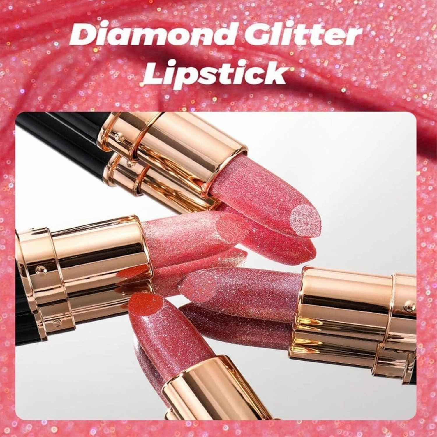Diamond Glitter Lipstick, Diamond Lip Gloss Glitter Lipstick Waterproof, Non-Stick To Cup Non-Fading Sparkly Glossy Lipsticks, High Shine Shimmery Finish for Women, Metallic Lipsticks For Women