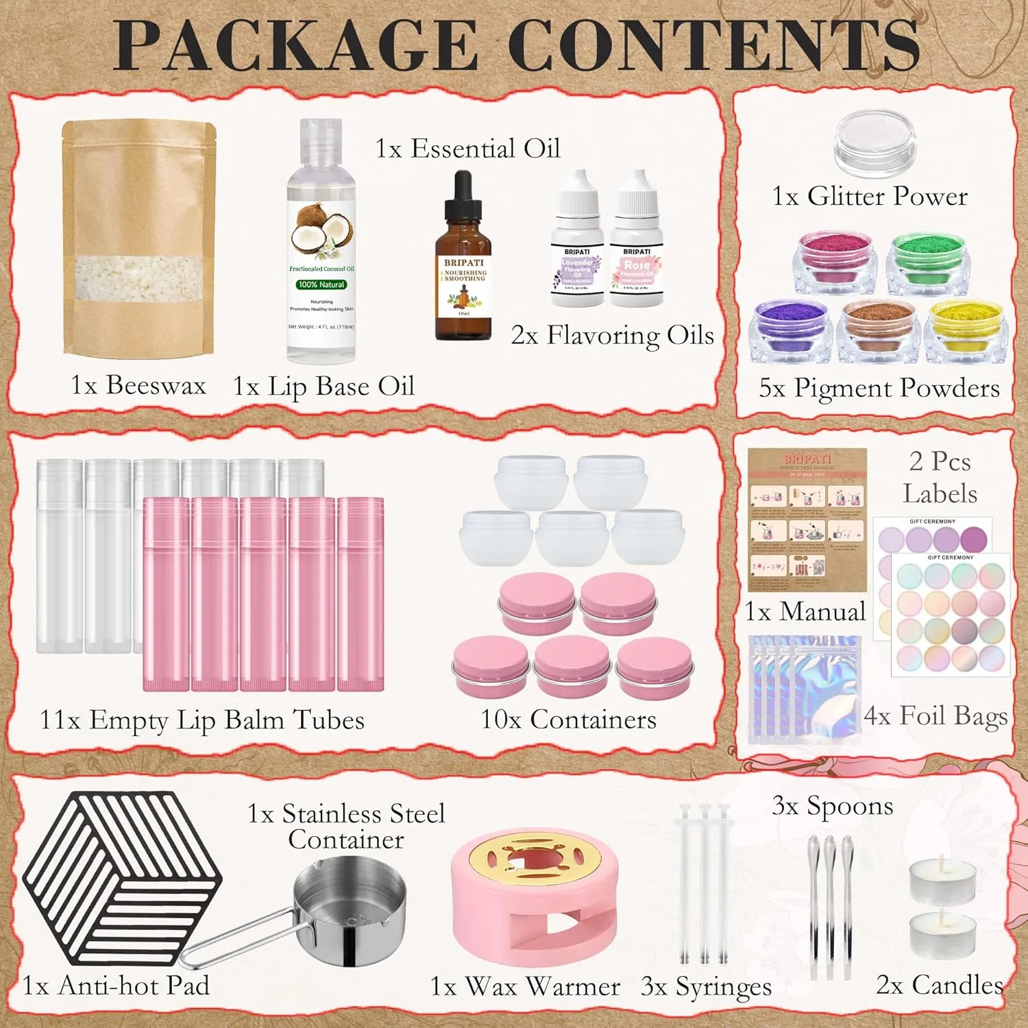 DIY Lip Balm Making Kit for Adults to Make Your Own Moisturizing Lip Balms with Natural Beeswax, Lip Base Oil, Essential Oil, Empty Lip Balm Tubes Jars, Birthday Christmas Mother’s Day Gift