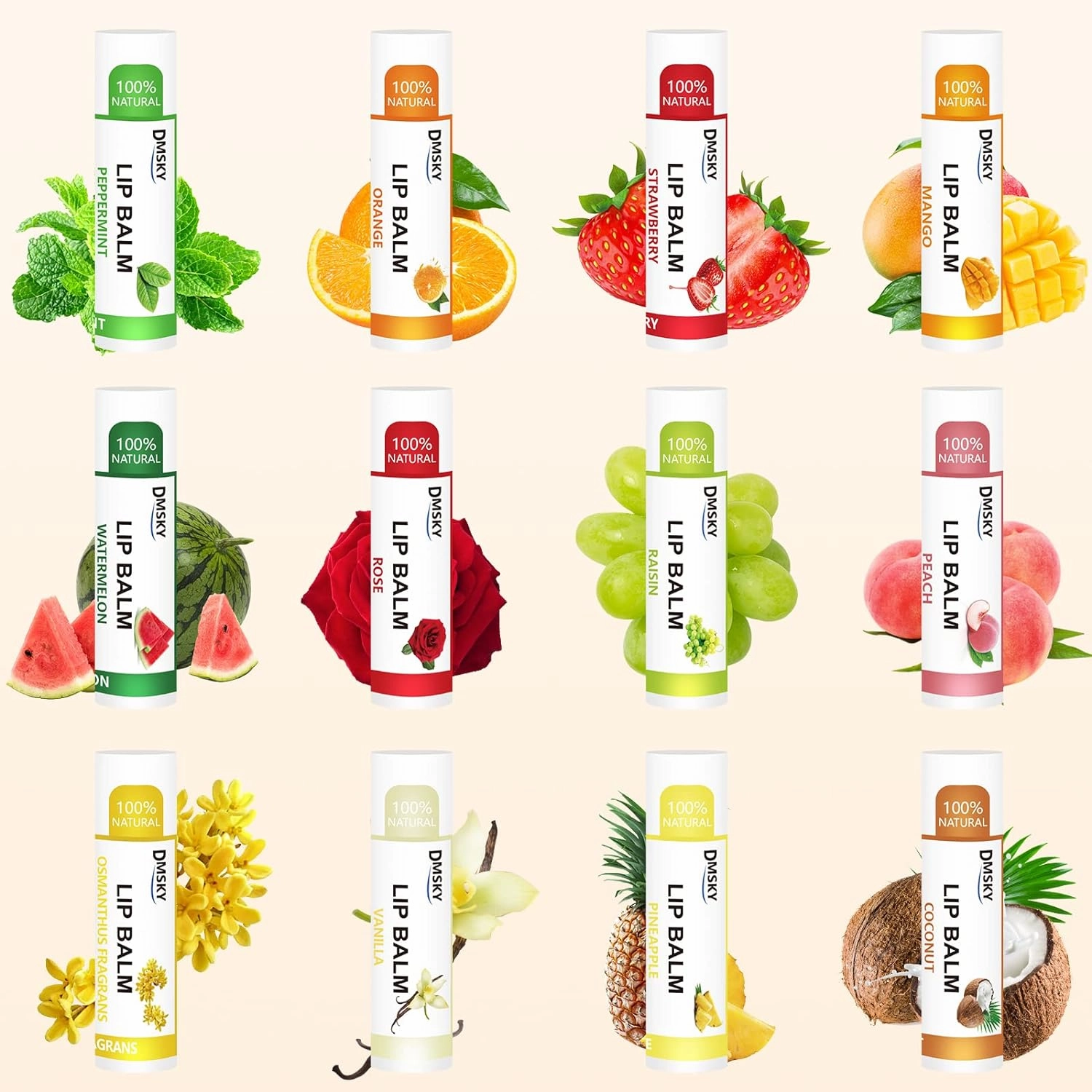 DMSKY 120 Pack Lip Balm, Natural Lip Balm Bulk with Vitamin E and Coconut Oil, Moisturizing Lip Balms for Chapped Lips-12 Flavors