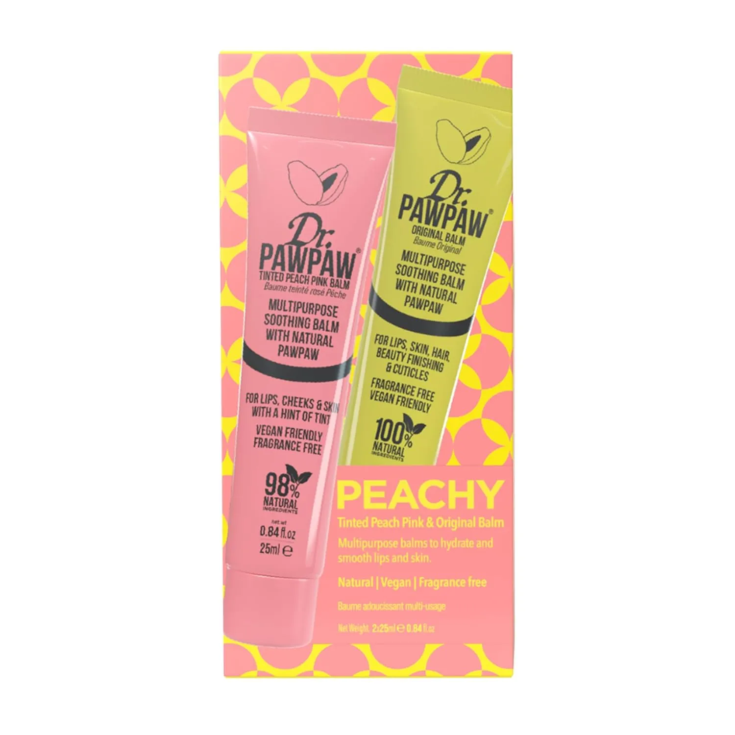 Dr. PawPaw Peachy Set - Multipurpose, Soothing and Tinted, Hydrating Lip Balm Giftset - Peach Pink and Original Balm - Gluten Free - 2 pc