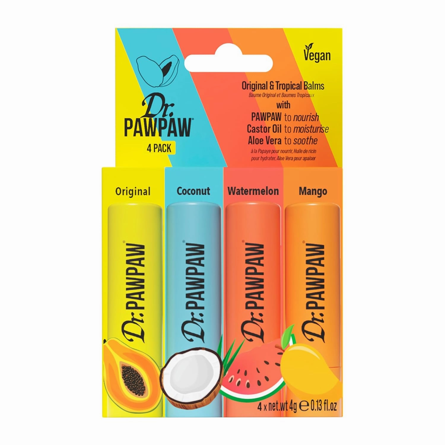 Dr. PawPaw Original and Tropical Balms - Hydrating Lip Balm Moisturizers with Aloe Vera for Deep Nourishment - Castor Oil Enriched - 4 pc