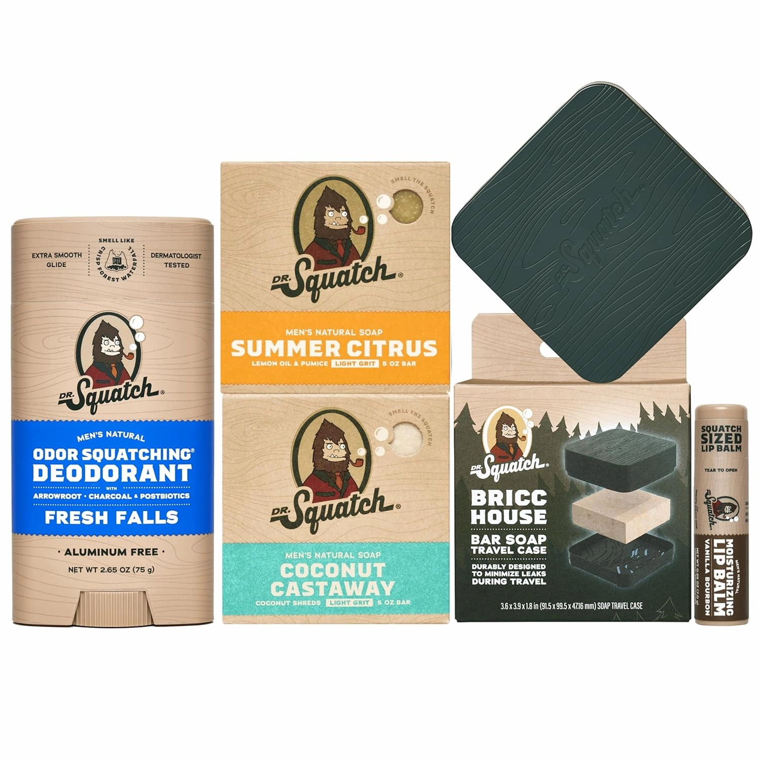 Dr. Squatch NEW Bricc House Travel Pack - Soap Travel Case   Summer Citrus, Coconut Castaway Soap   Fresh Falls Deodorant   Vanilla Bourbon Lip Balm - Full Routine Natural Men's Care Kit
