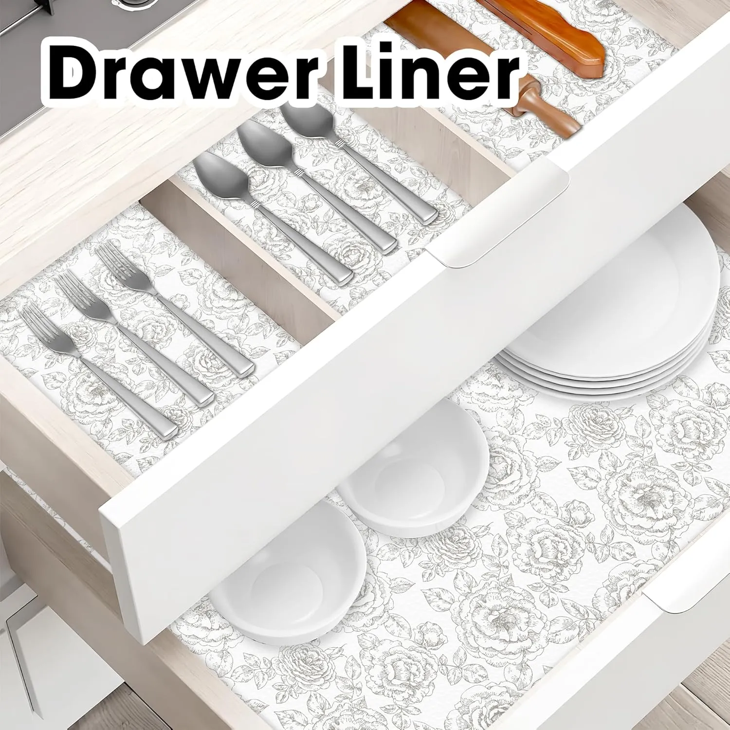 Drawer and Shelf Liner for Kitchen Cabinets Non-Adhesive, Non-Slip Cabinet Liner Shelf Paper Strong Grip Waterproof Easy to Clean for Kitchen Shelves Cupboard, Flower,23.6IN X 10FT