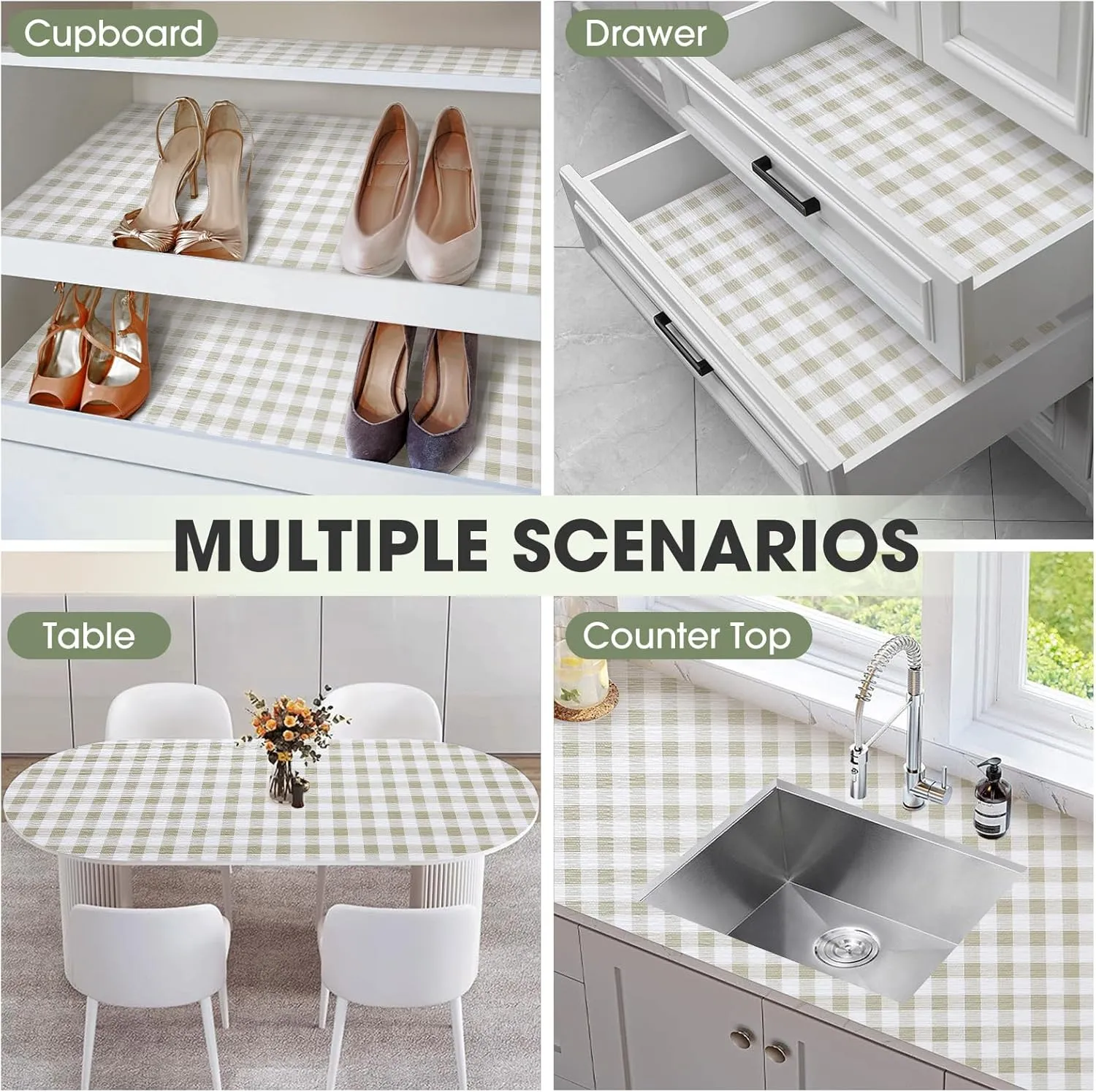 Drawer and Shelf Liner, Non-Slip Kitchen Cabinet Liners Non-Adhesive Thick Strong Grip Waterproof Washable Mats Protect Dresser Shelves Cupboard Bathroom Cabinets, Green Plaid, 12 in X 10 FT