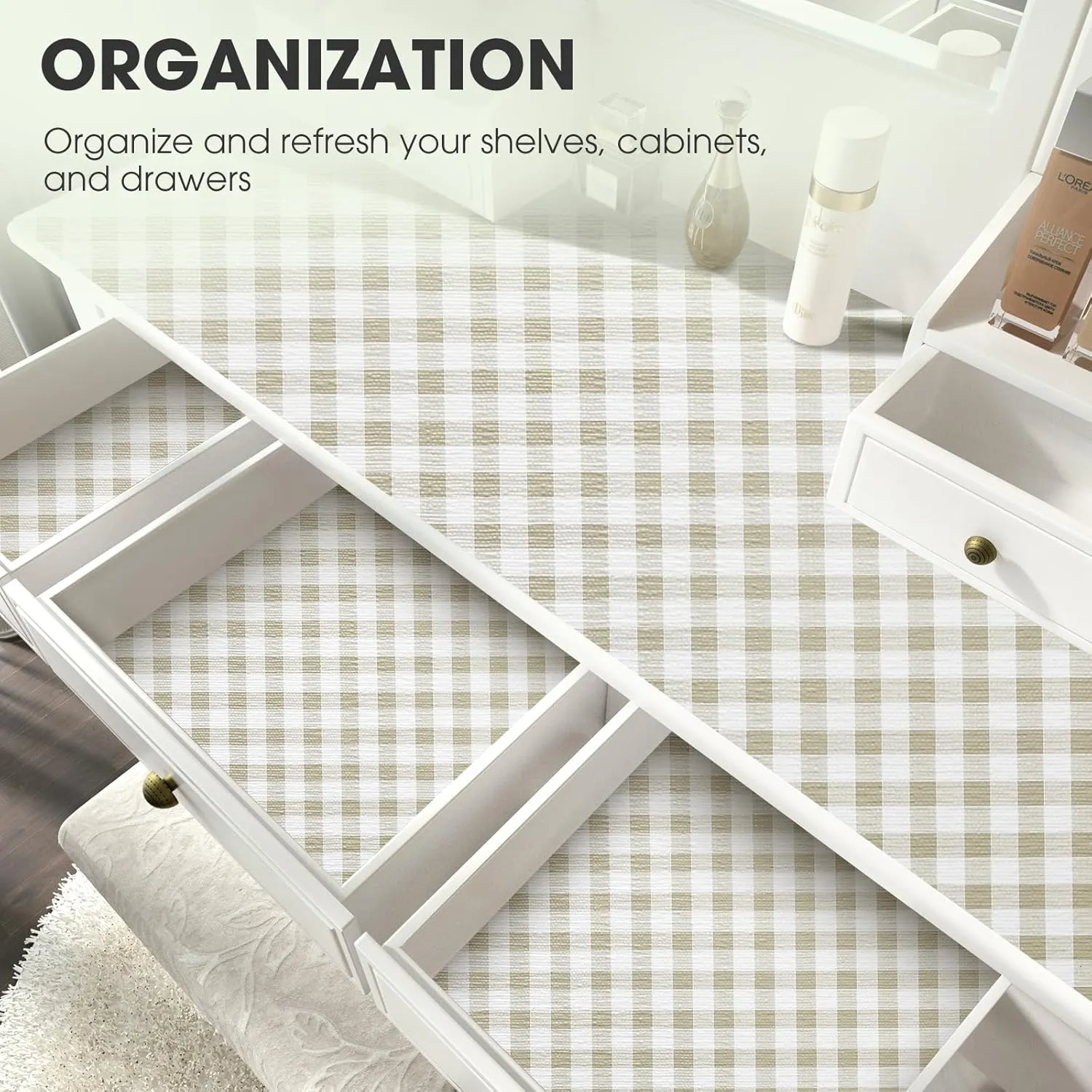 Drawer and Shelf Liner, Non-Slip Kitchen Cabinet Liners Non-Adhesive Thick Strong Grip Waterproof Washable Mats Protect Dresser Shelves Cupboard Bathroom Cabinets, Green Plaid, 12 in X 10 FT