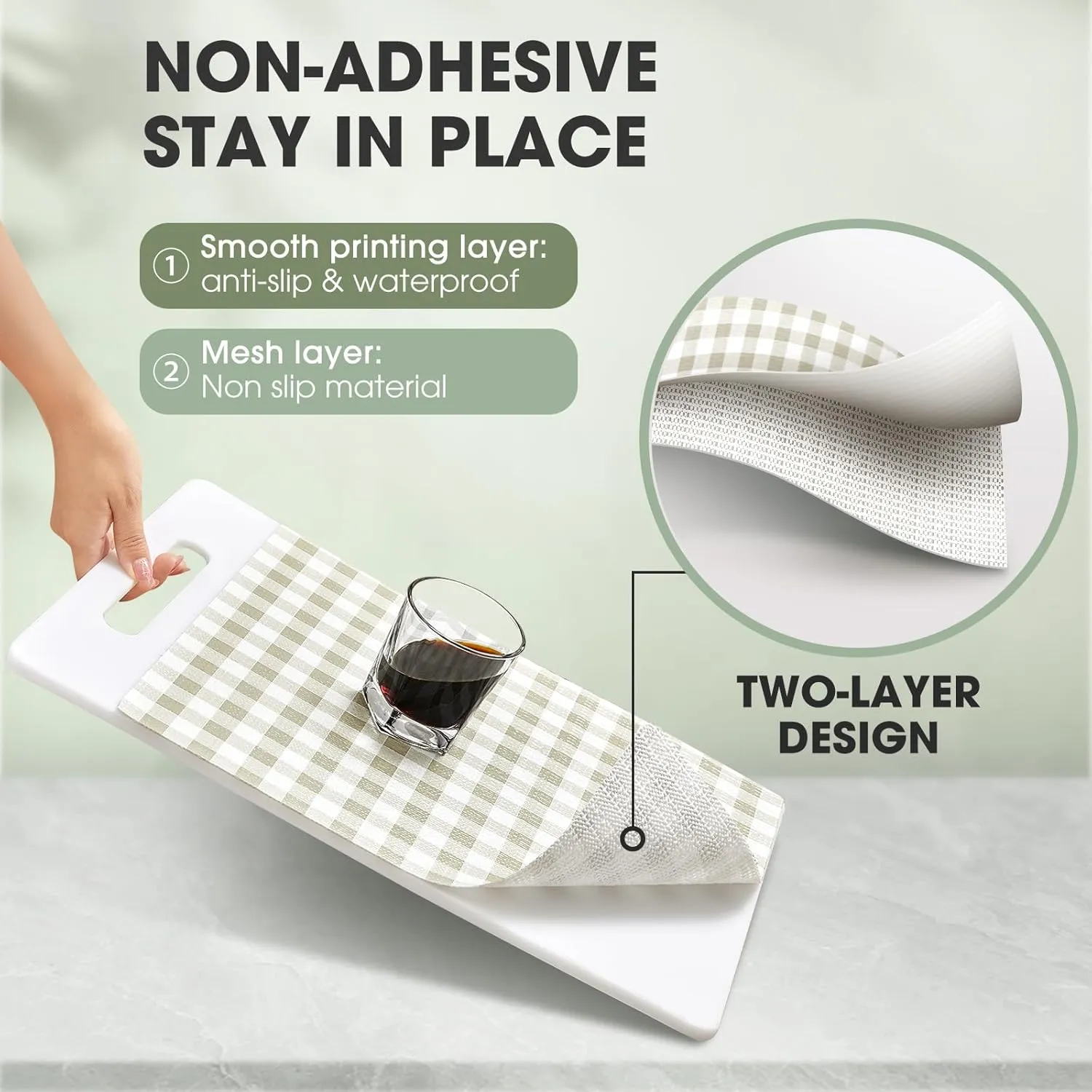 Drawer and Shelf Liner, Non-Slip Kitchen Cabinet Liners Non-Adhesive Thick Strong Grip Waterproof Washable Mats Protect Dresser Shelves Cupboard Bathroom Cabinets, Green Plaid, 12 in X 10 FT