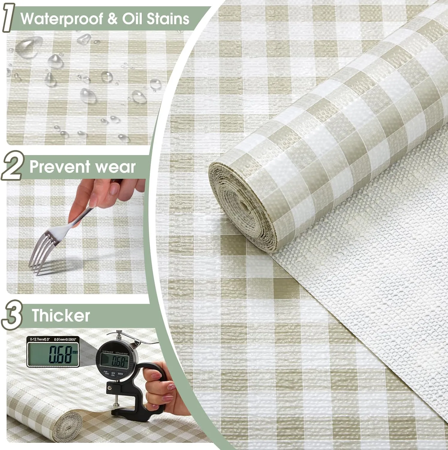 Drawer and Shelf Liner, Non-Slip Kitchen Cabinet Liners Non-Adhesive Thick Strong Grip Waterproof Washable Mats Protect Dresser Shelves Cupboard Bathroom Cabinets, Green Plaid, 12 in X 10 FT